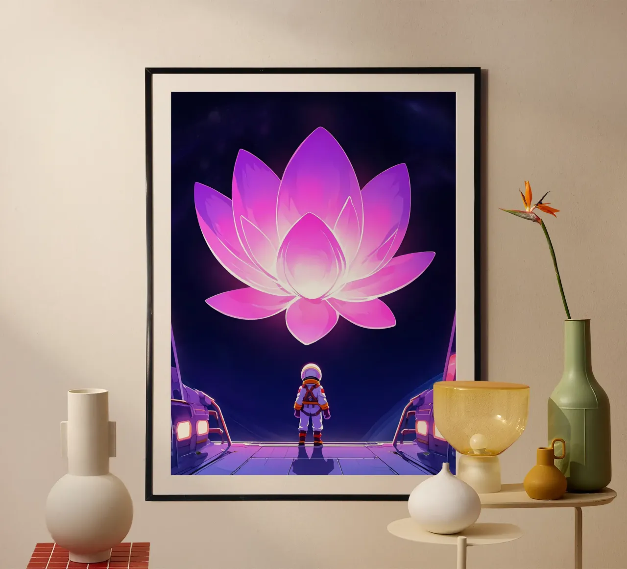 Un astronauta mirando una flor espacial gigante Lofi Art poster con marco de aluminio de LoFi Gallery