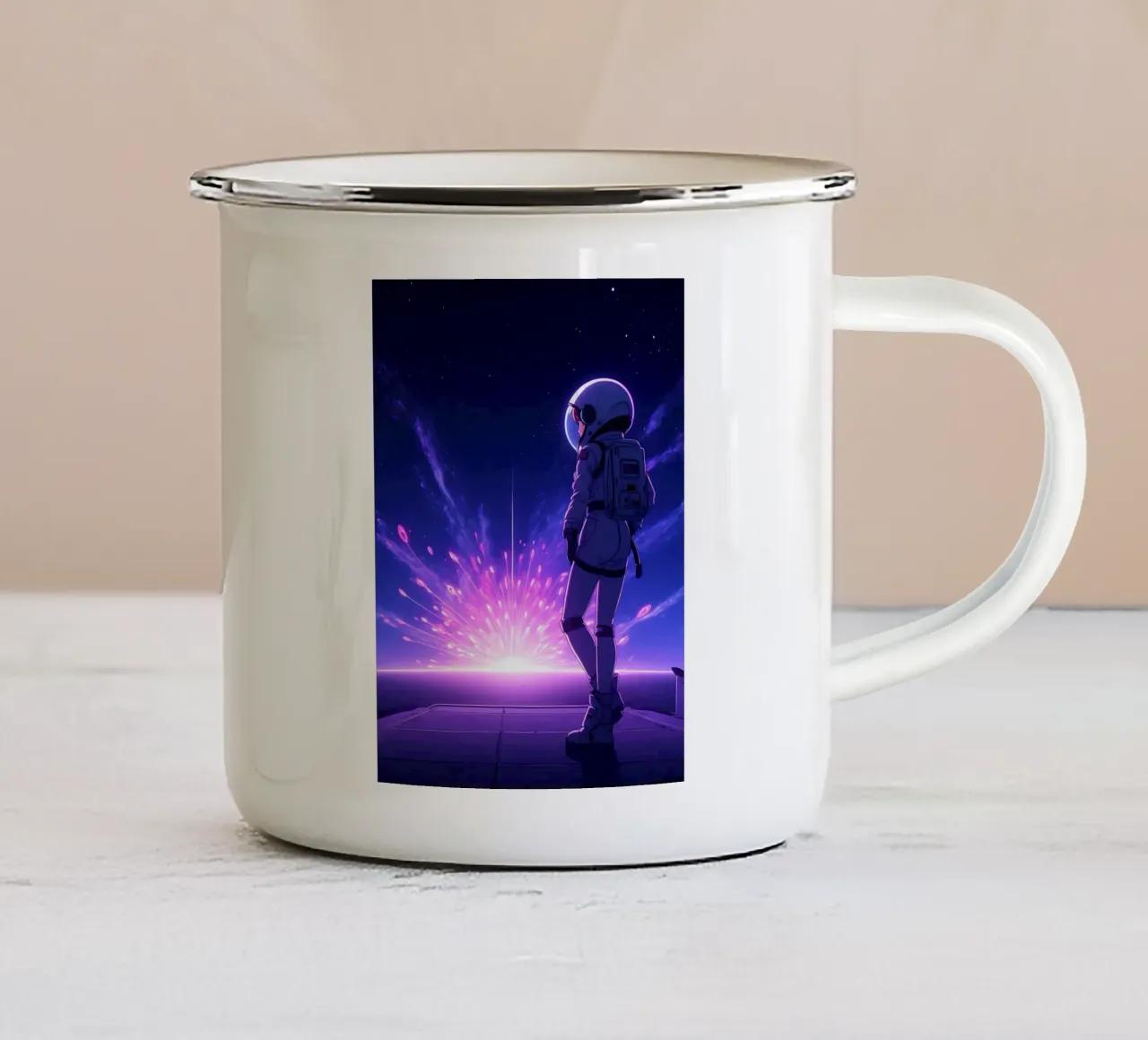 Un astronauta in piedi vicino allo spazio Burst Lofi Art tazza in smalto da LoFi Gallery