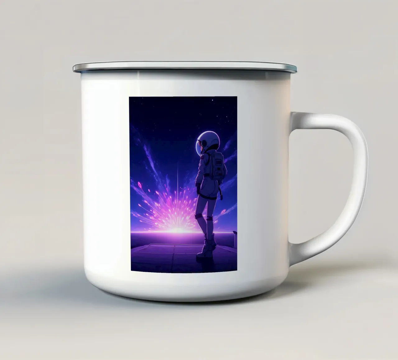 Un astronauta in piedi vicino allo spazio Burst Lofi Art tazza in smalto da LoFi Gallery