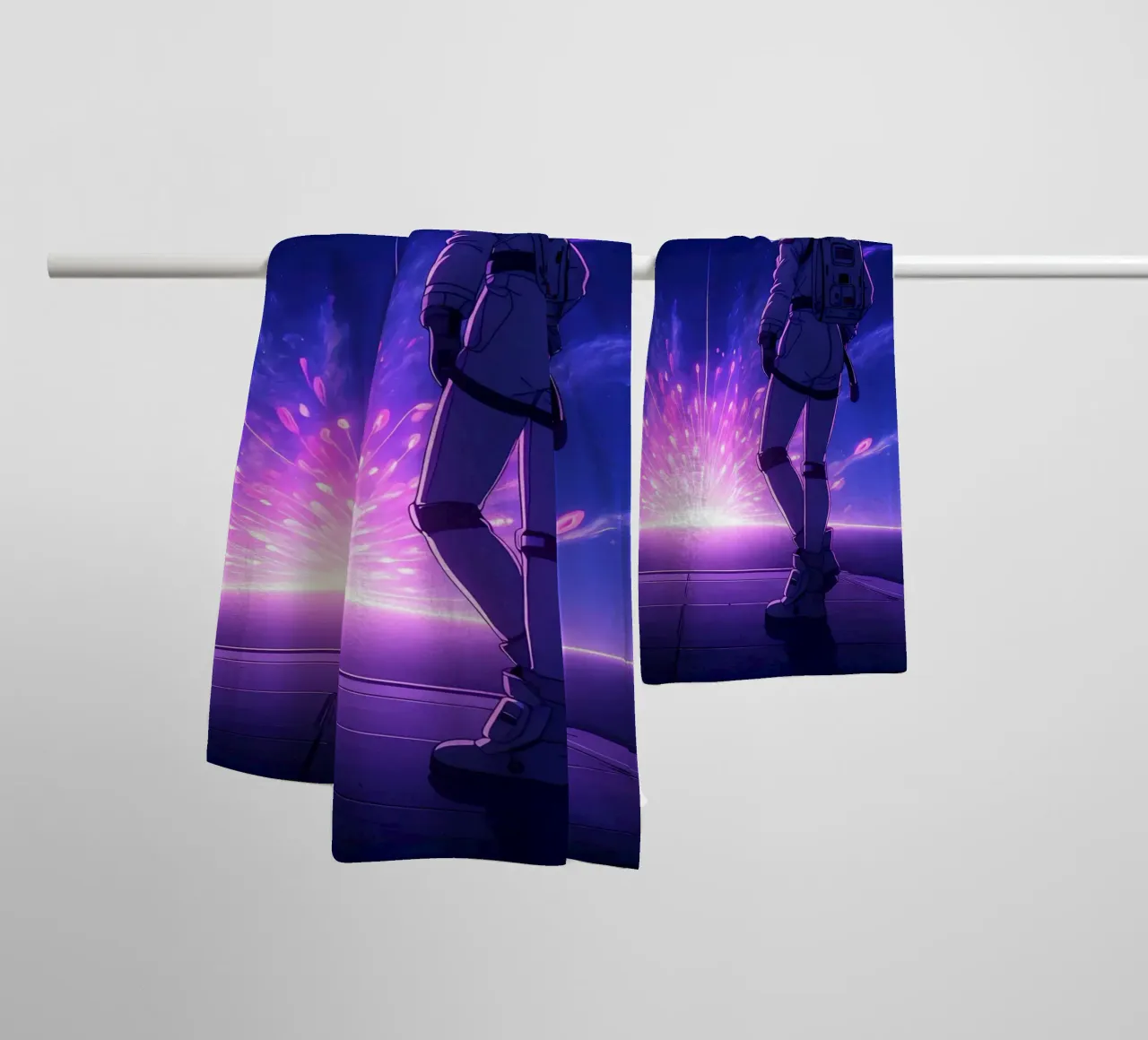 An Astronaut Standing Near Space Burst Lofi Art towel by LoFi Gallery