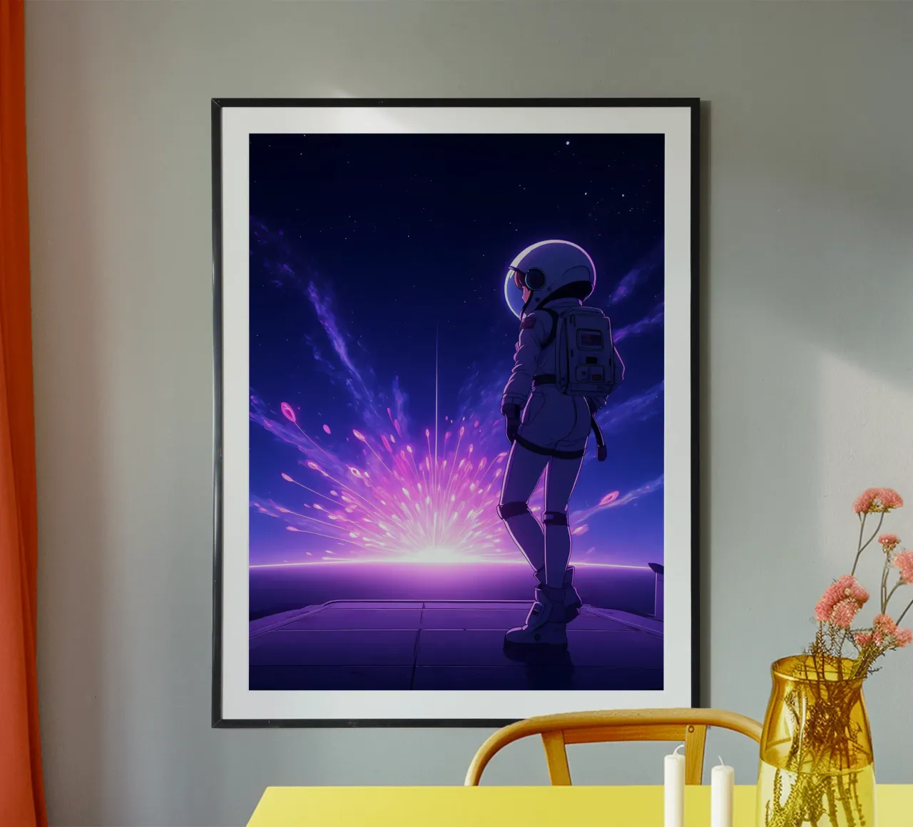 Un astronauta in piedi vicino allo spazio Burst Lofi Art poster con telaio in legno da LoFi Gallery
