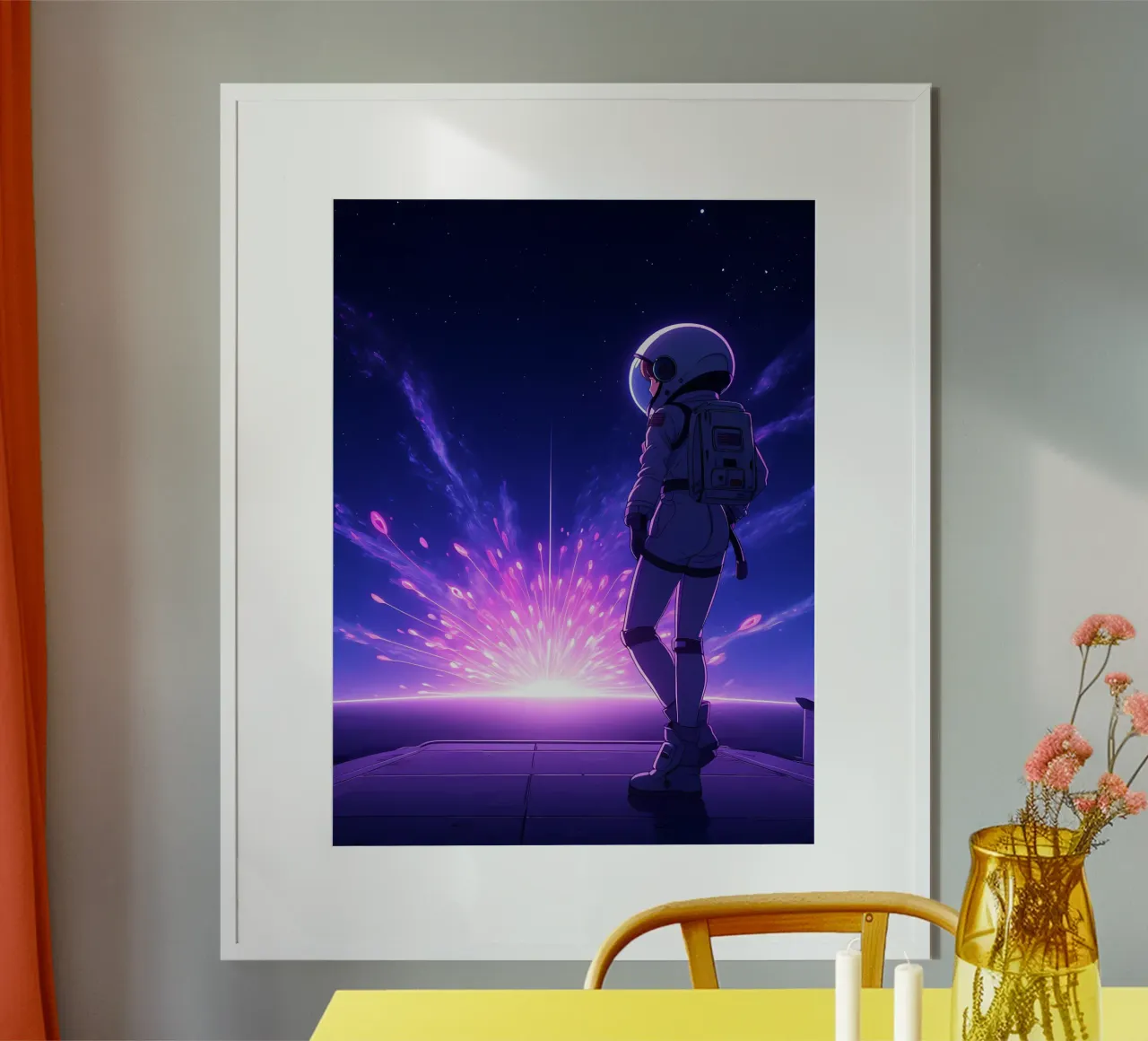 Un astronauta in piedi vicino allo spazio Burst Lofi Art poster con telaio in legno da LoFi Gallery