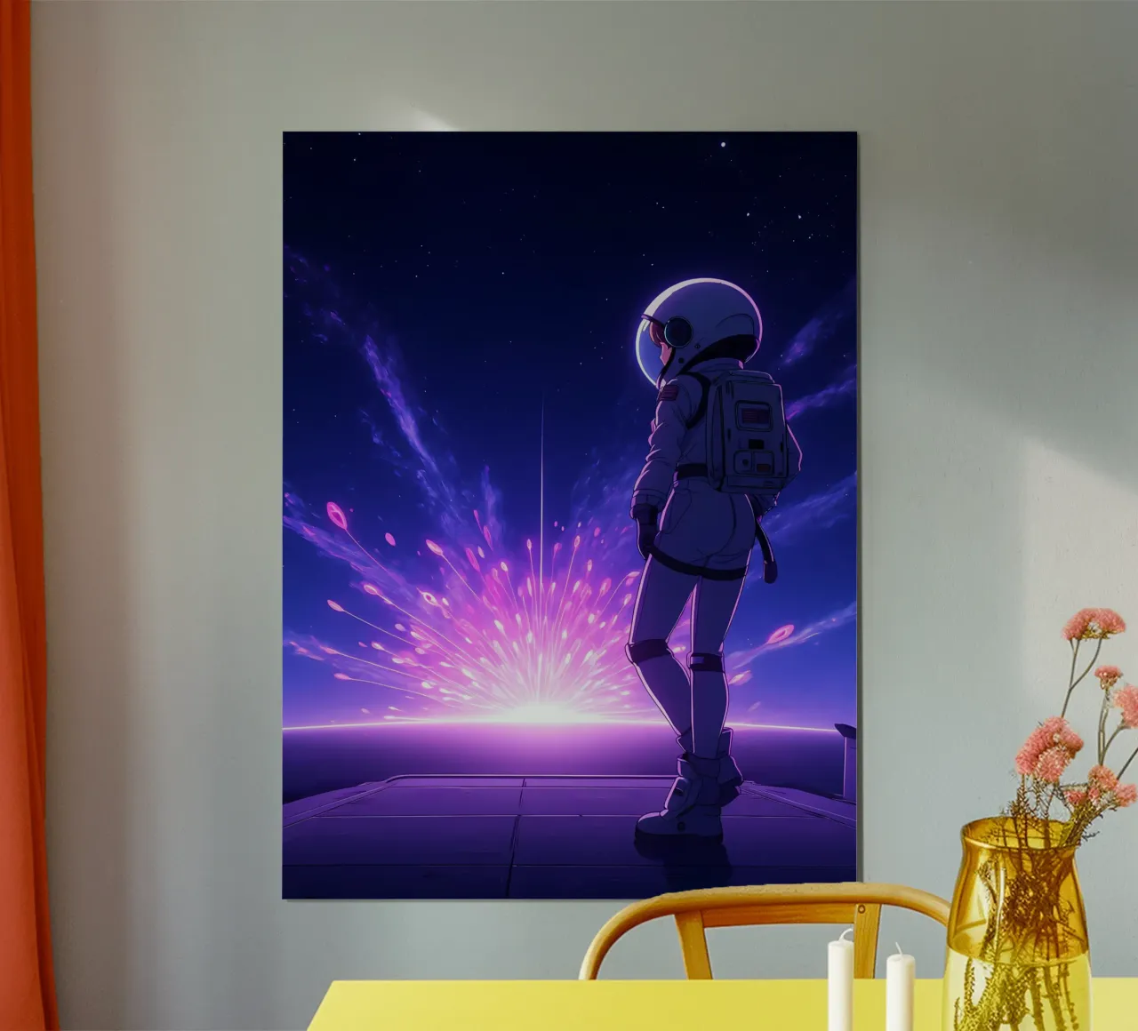 Un astronauta in piedi vicino allo spazio Burst Lofi Art poster con telaio in legno da LoFi Gallery