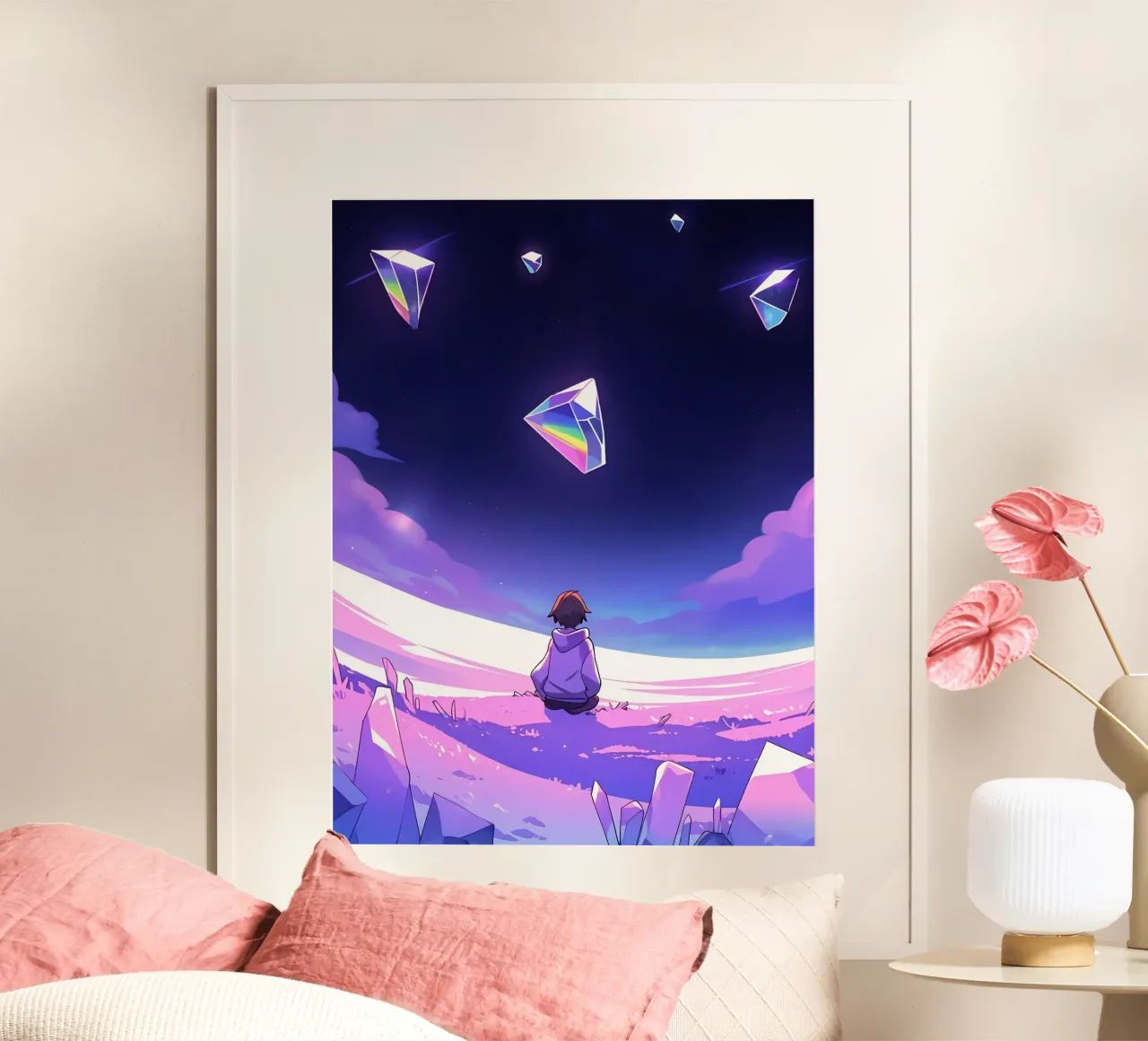Un ragazzo seduto in una sognante terra di cristallo Lofi Art poster con telaio in alluminio da LoFi Gallery