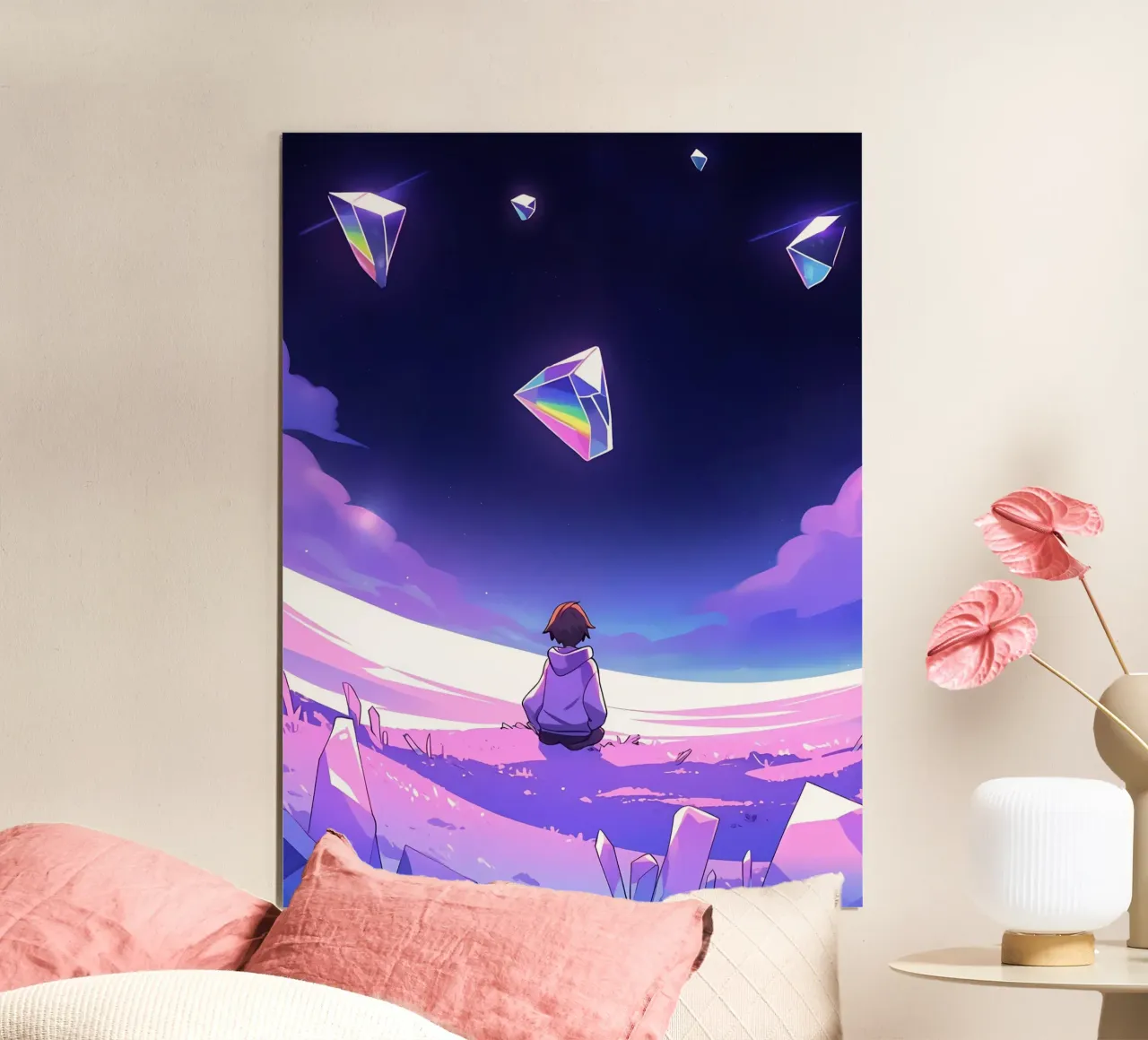 Un ragazzo seduto in una sognante terra di cristallo Lofi Art poster con telaio in alluminio da LoFi Gallery