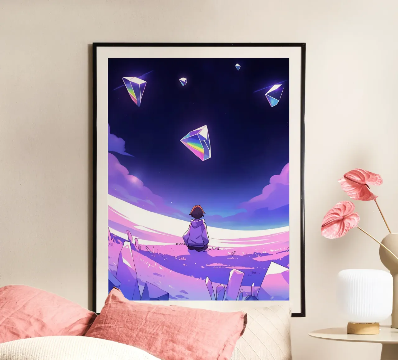 Un ragazzo seduto in una sognante terra di cristallo Lofi Art poster con telaio in alluminio da LoFi Gallery