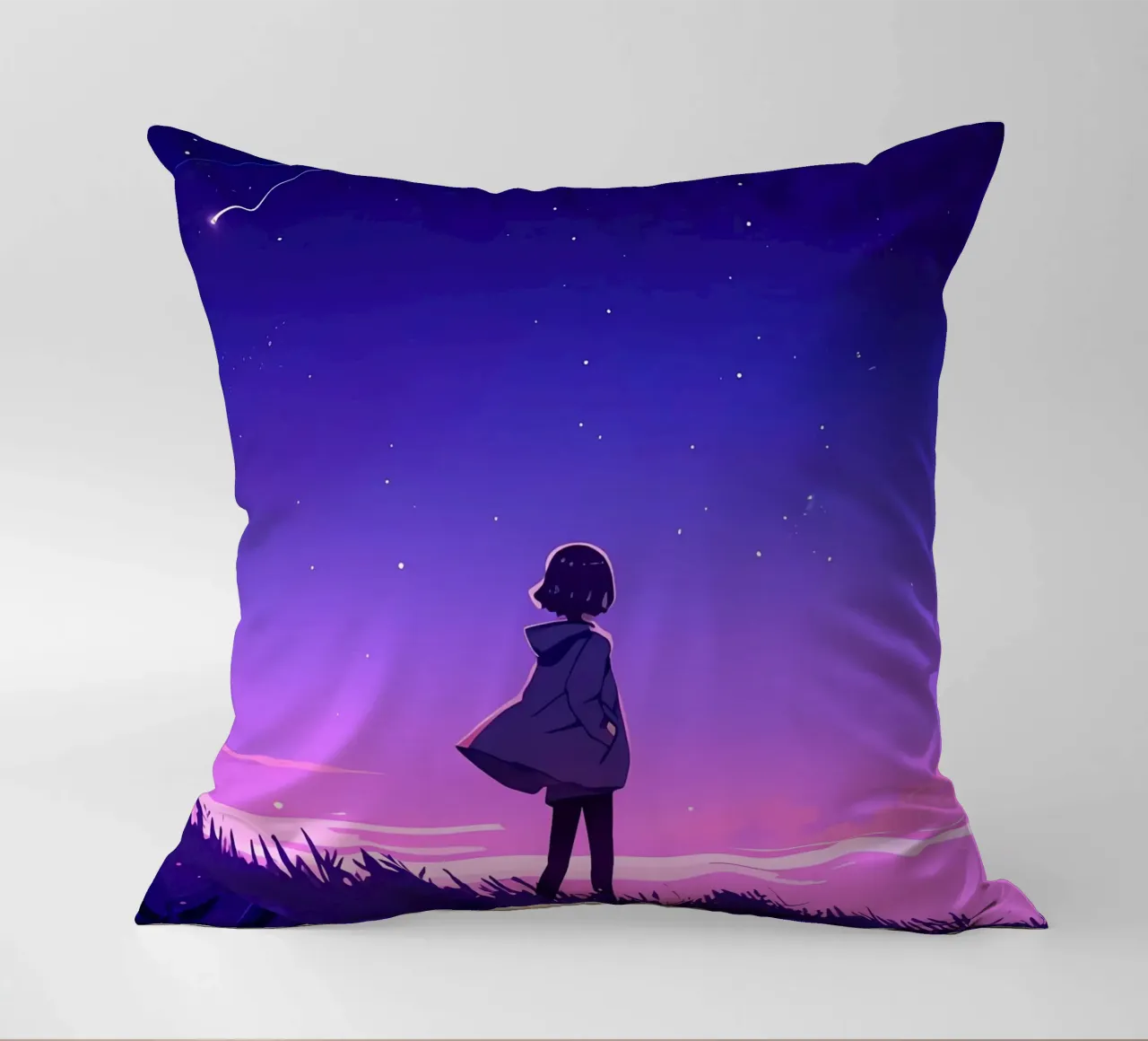 Un ragazzo che cammina in discesa guardando le stelle Lofi Art cuscino da LoFi Gallery