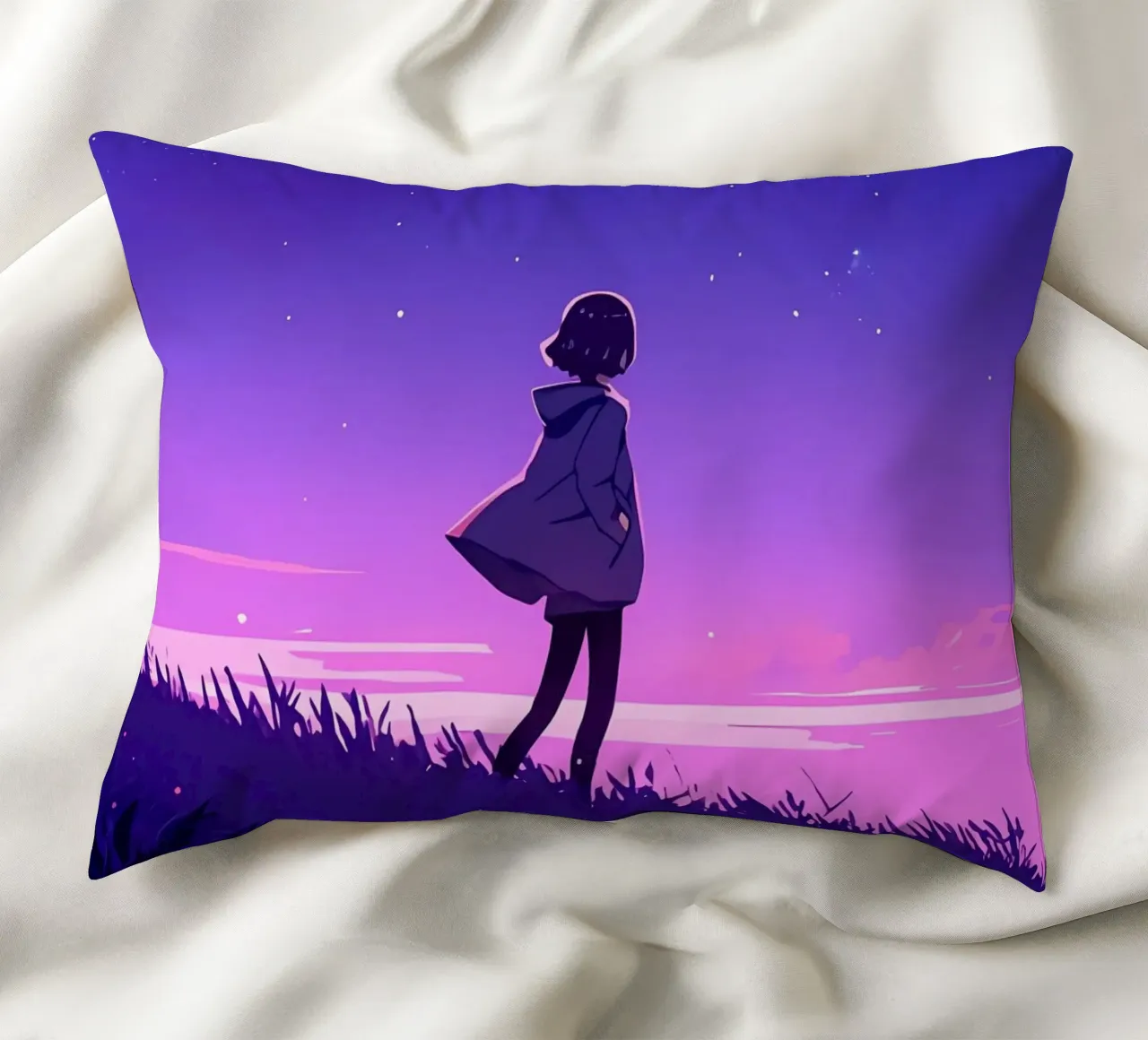 Un ragazzo che cammina in discesa guardando le stelle Lofi Art cuscino da LoFi Gallery