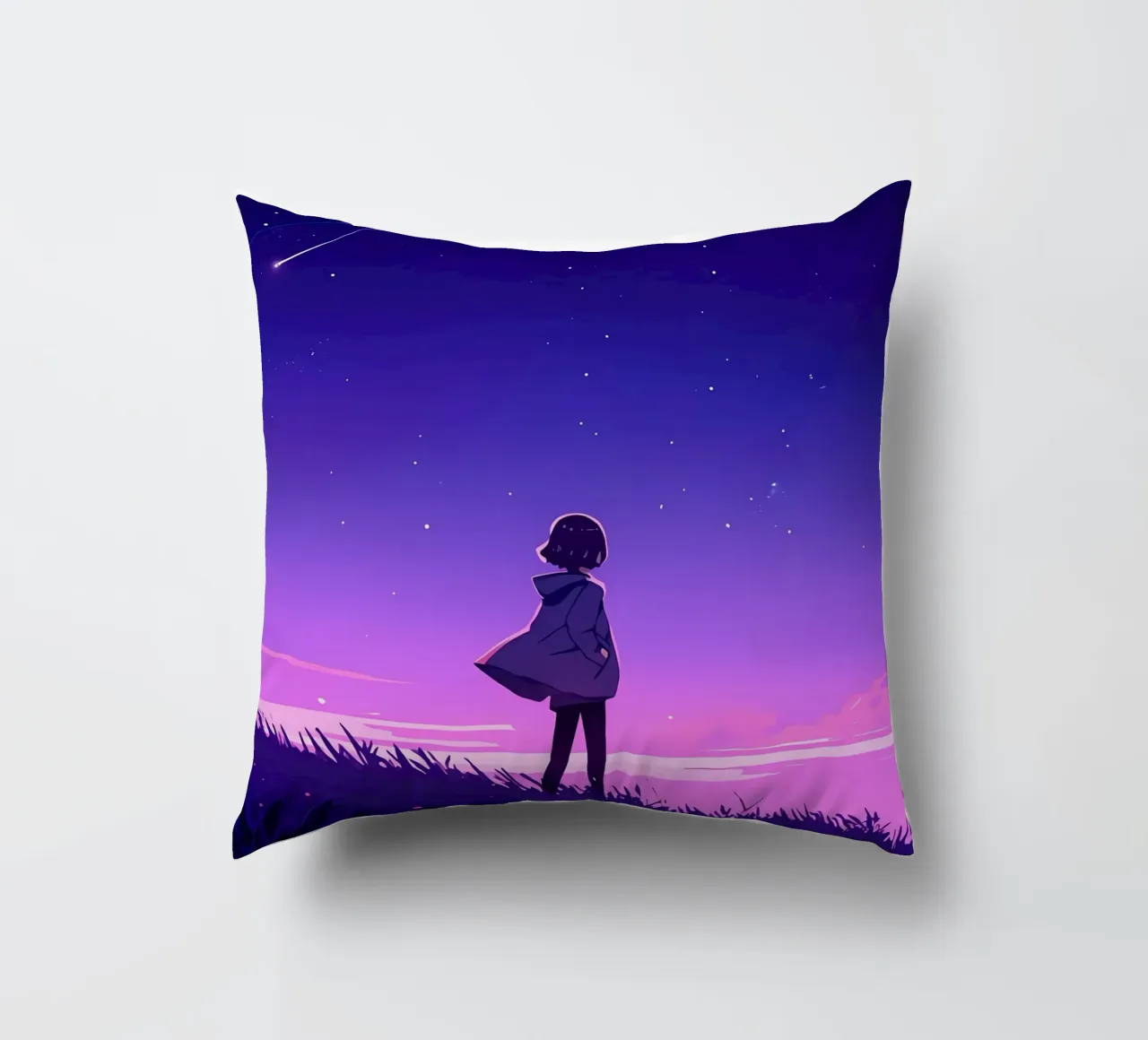 Un ragazzo che cammina in discesa guardando le stelle Lofi Art cuscino da LoFi Gallery