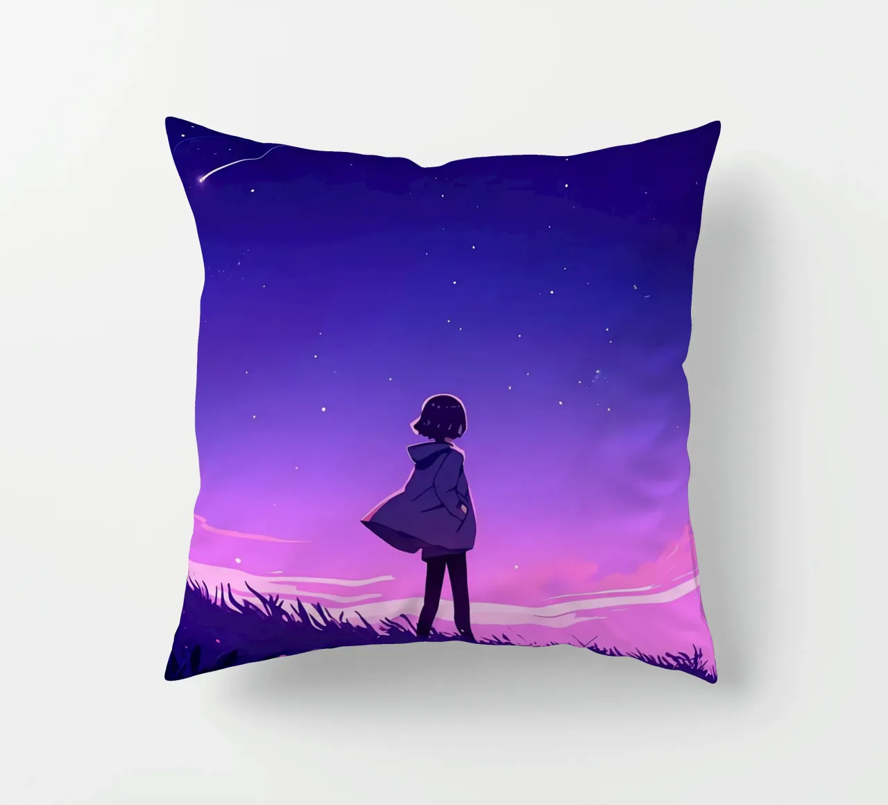 Un ragazzo che cammina in discesa guardando le stelle Lofi Art cuscino da LoFi Gallery