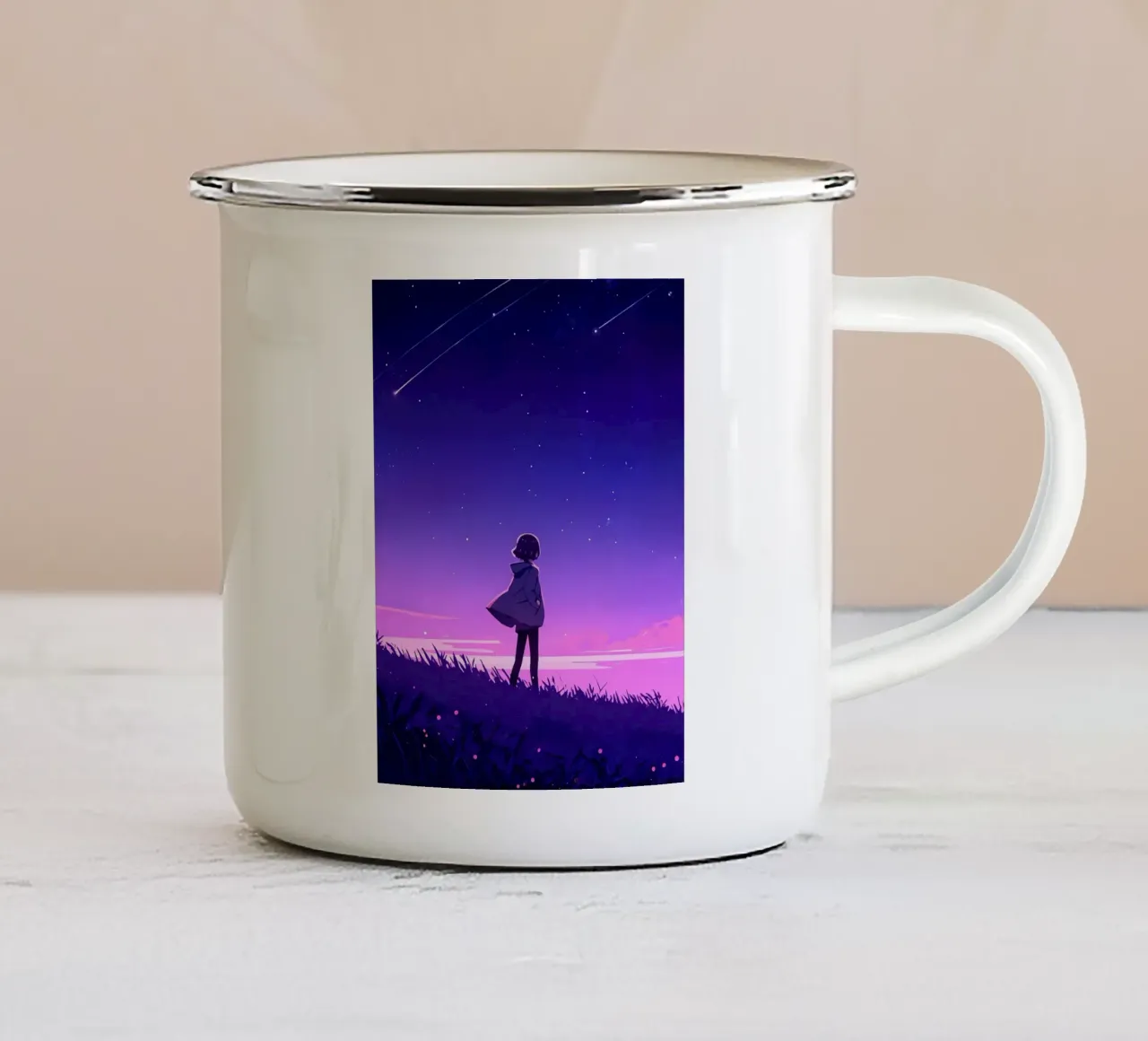Un ragazzo che cammina in discesa guardando le stelle Lofi Art tazza in smalto da LoFi Gallery