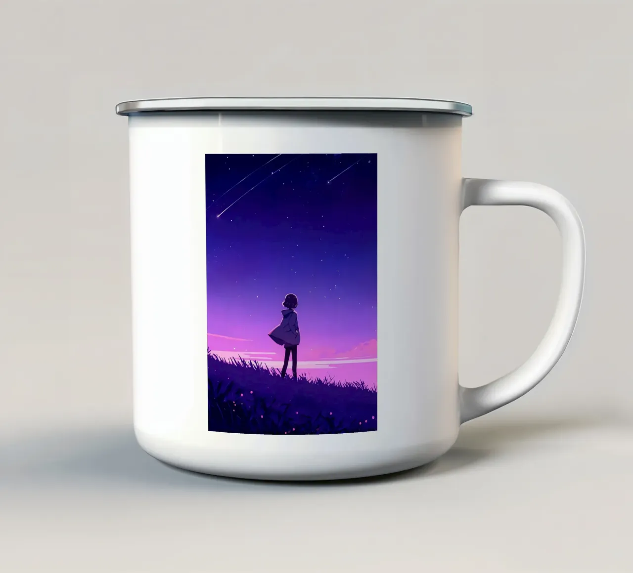 Un ragazzo che cammina in discesa guardando le stelle Lofi Art tazza in smalto da LoFi Gallery