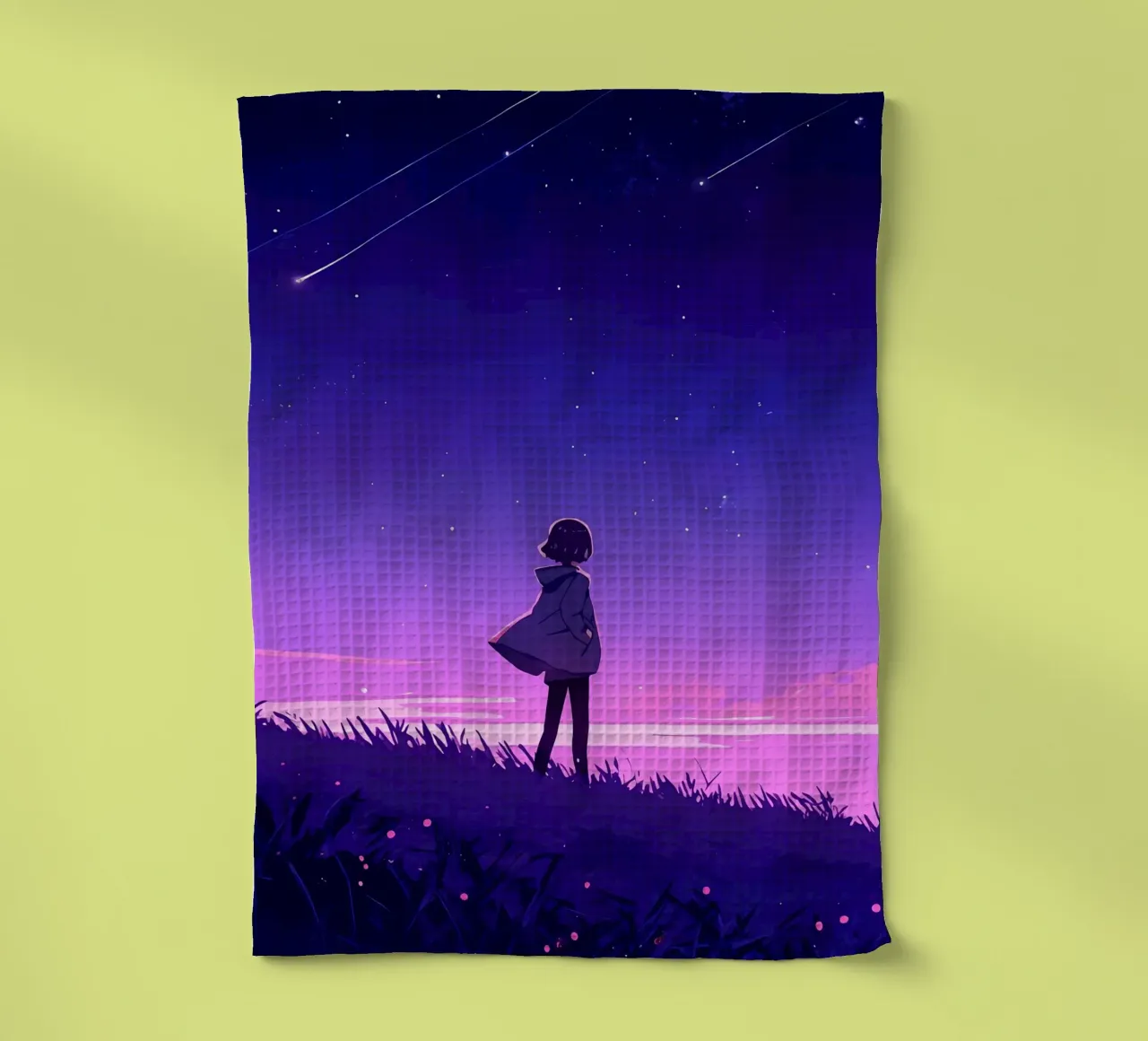 A Boy Walking Downhill looking At Stars Lofi Art tea towel by LoFi Gallery