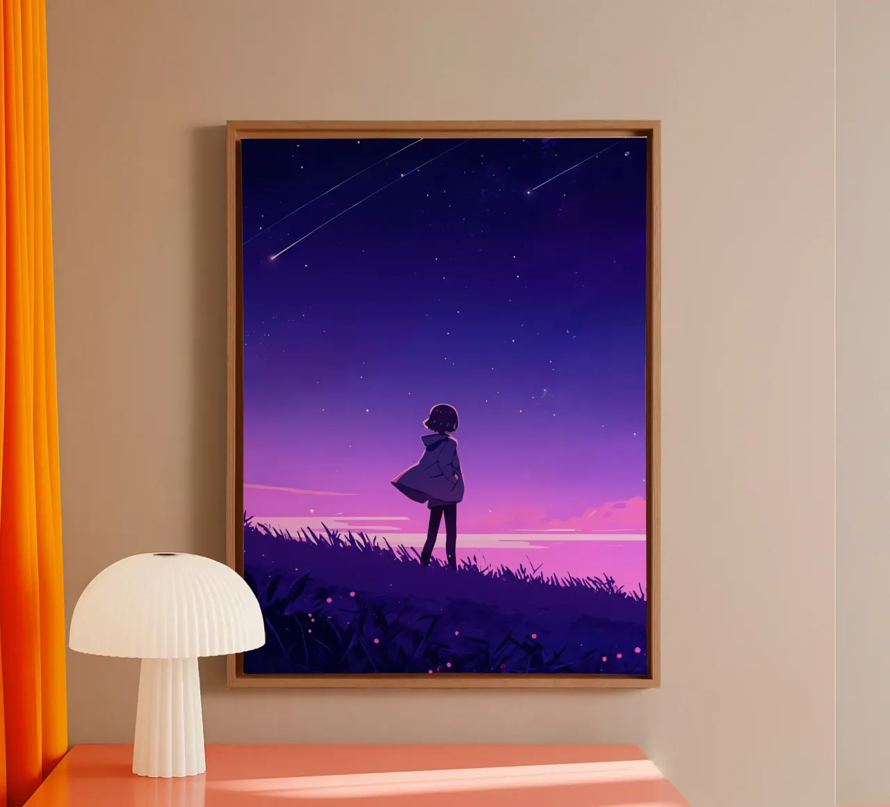 Un ragazzo che cammina in discesa guardando le stelle Lofi Art tela con Cornice a cassetta da LoFi Gallery