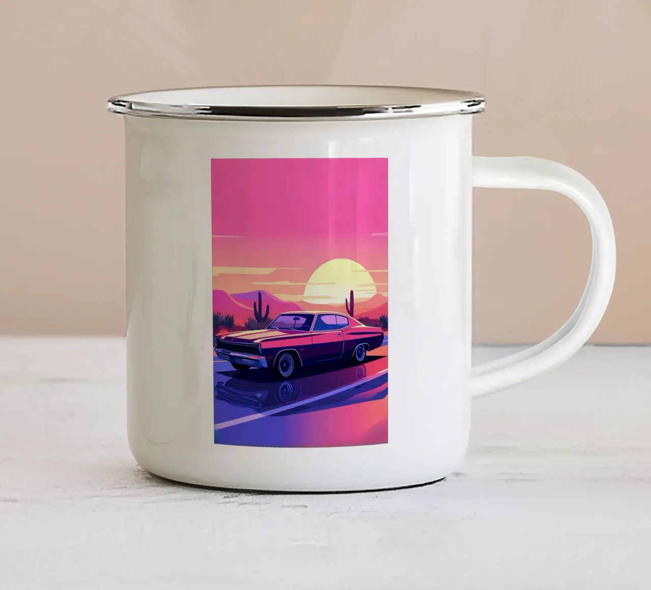 Un'auto retrò sotto il tramonto Lofi Art tazza in smalto da LoFi Gallery