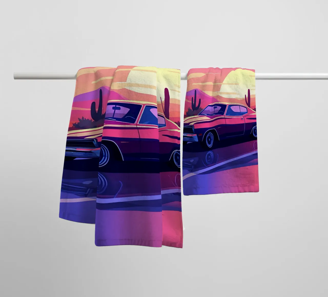 Un coche retro al atardecer Lofi Art toalla de baño de LoFi Gallery