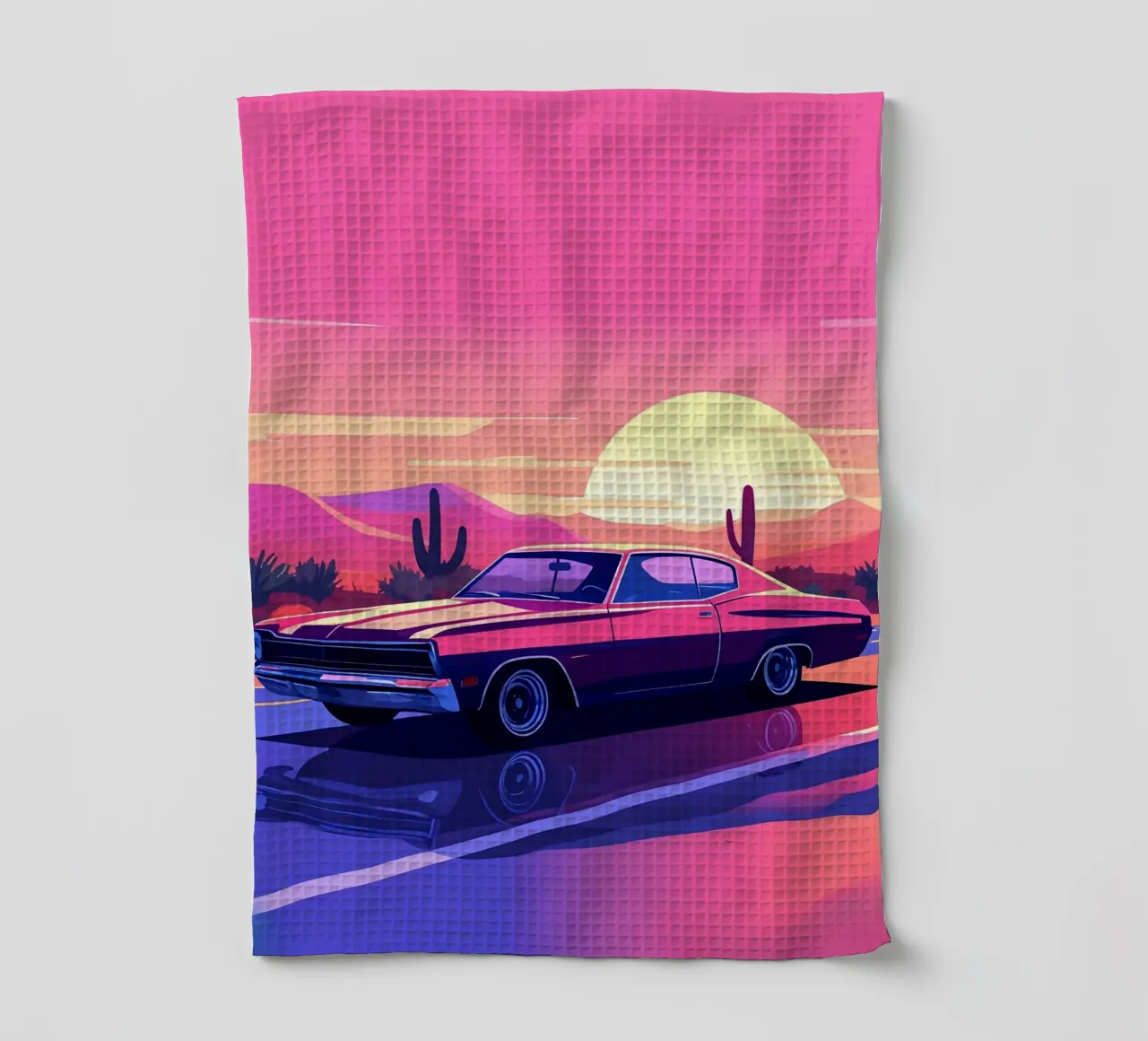 Un coche retro al atardecer Lofi Art paño de cocina de LoFi Gallery