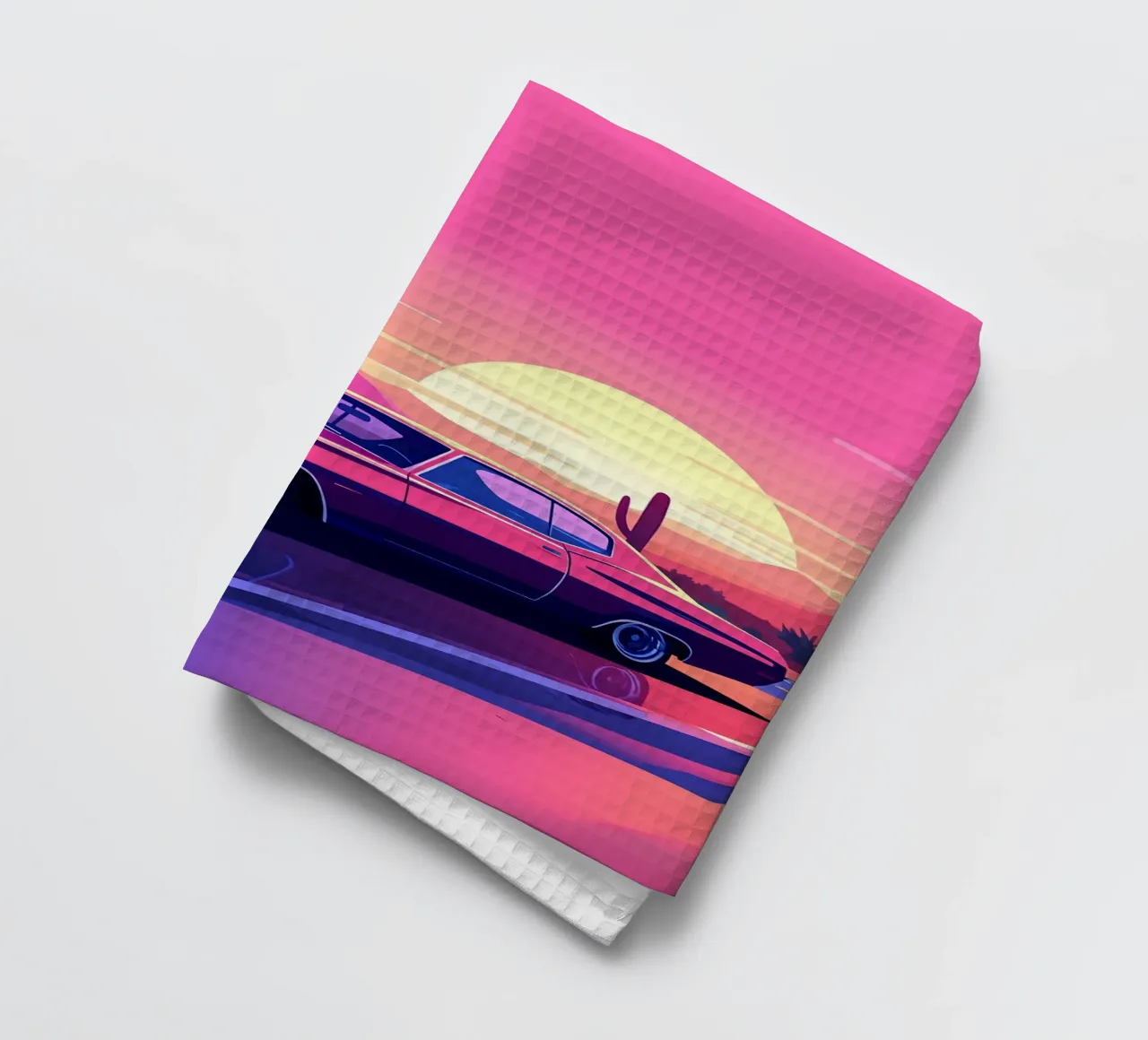 Un coche retro al atardecer Lofi Art paño de cocina de LoFi Gallery
