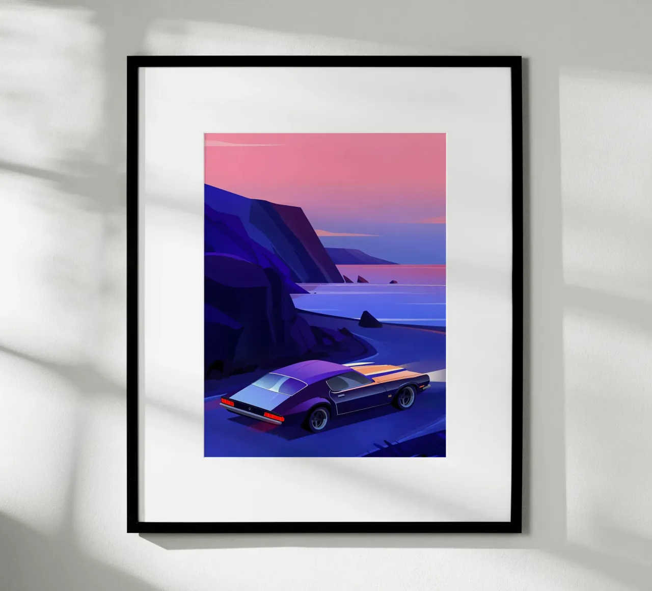 Ein Retro-Auto fährt durch Bergstraßen Lofi Art Poster mit Kunststoffrahmen von LoFi Gallery