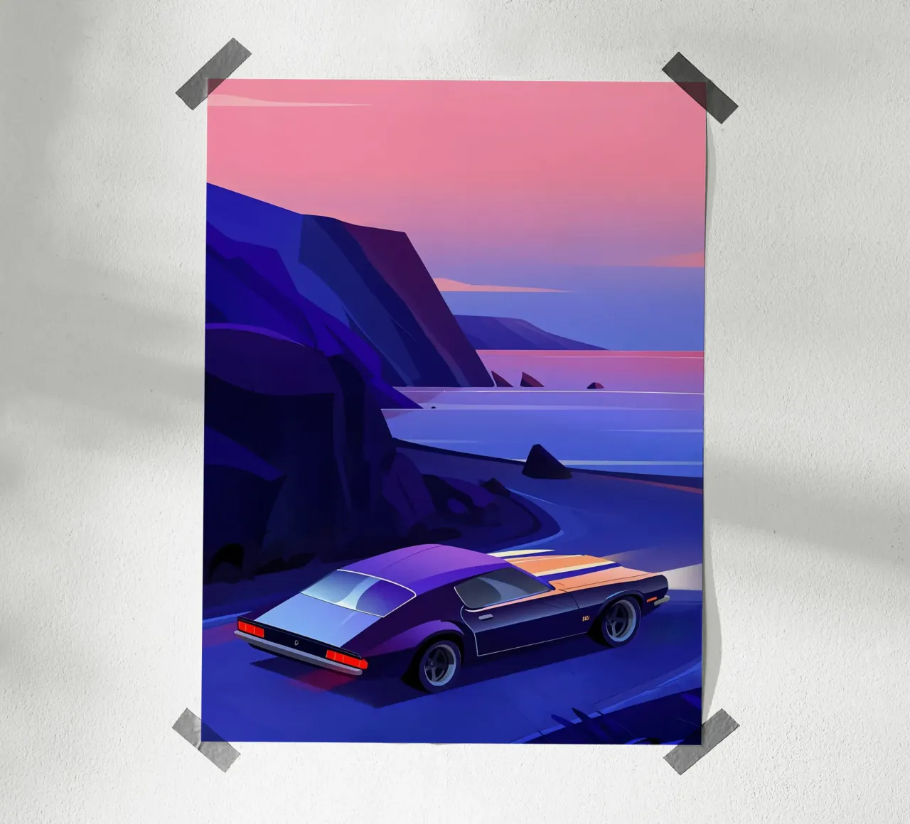 Ein Retro-Auto fährt durch Bergstraßen Lofi Art Poster mit Kunststoffrahmen von LoFi Gallery