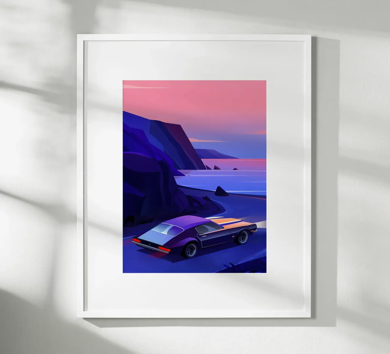 Ein Retro-Auto fährt durch Bergstraßen Lofi Art Poster mit Kunststoffrahmen von LoFi Gallery