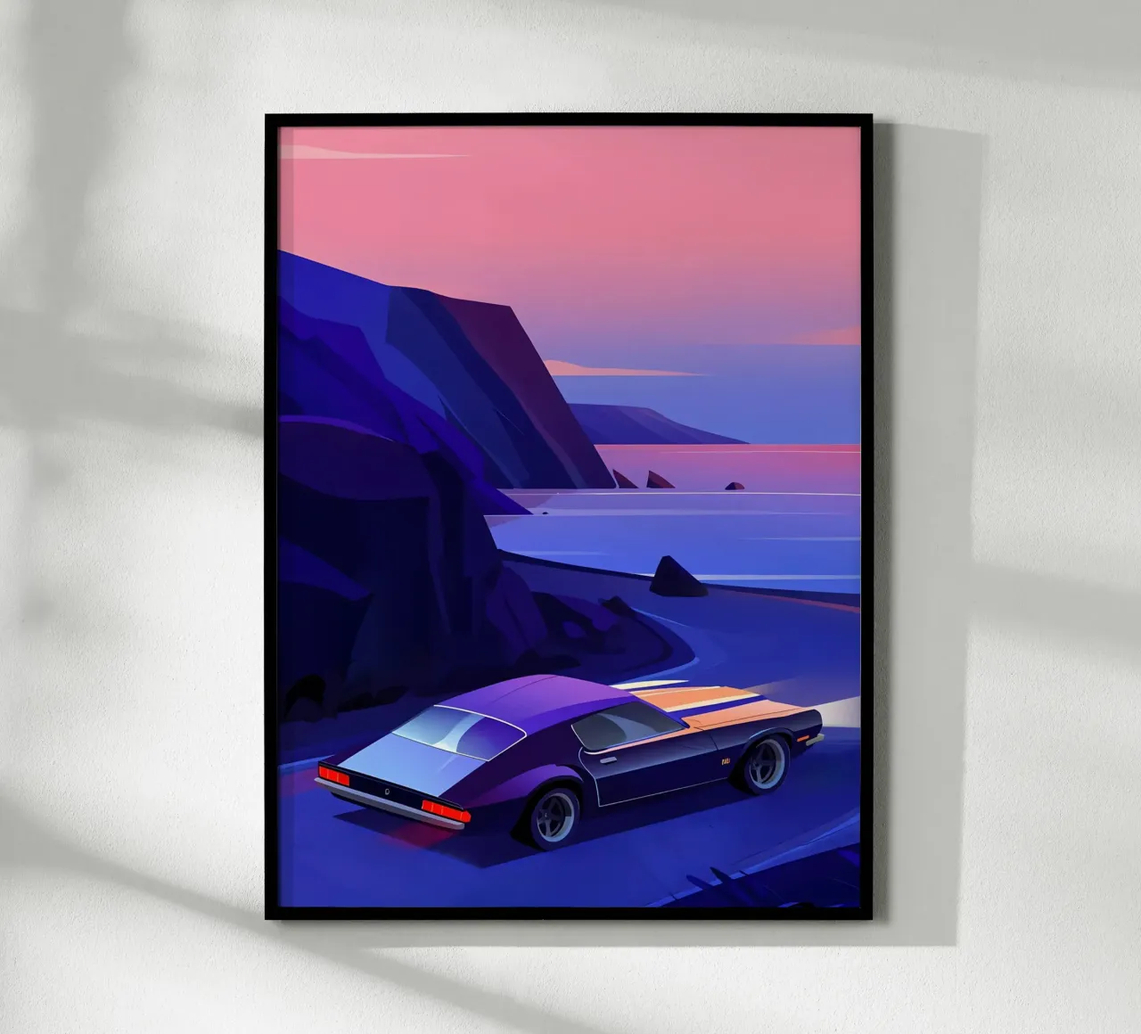 Ein Retro-Auto fährt durch Bergstraßen Lofi Art Poster mit Kunststoffrahmen von LoFi Gallery