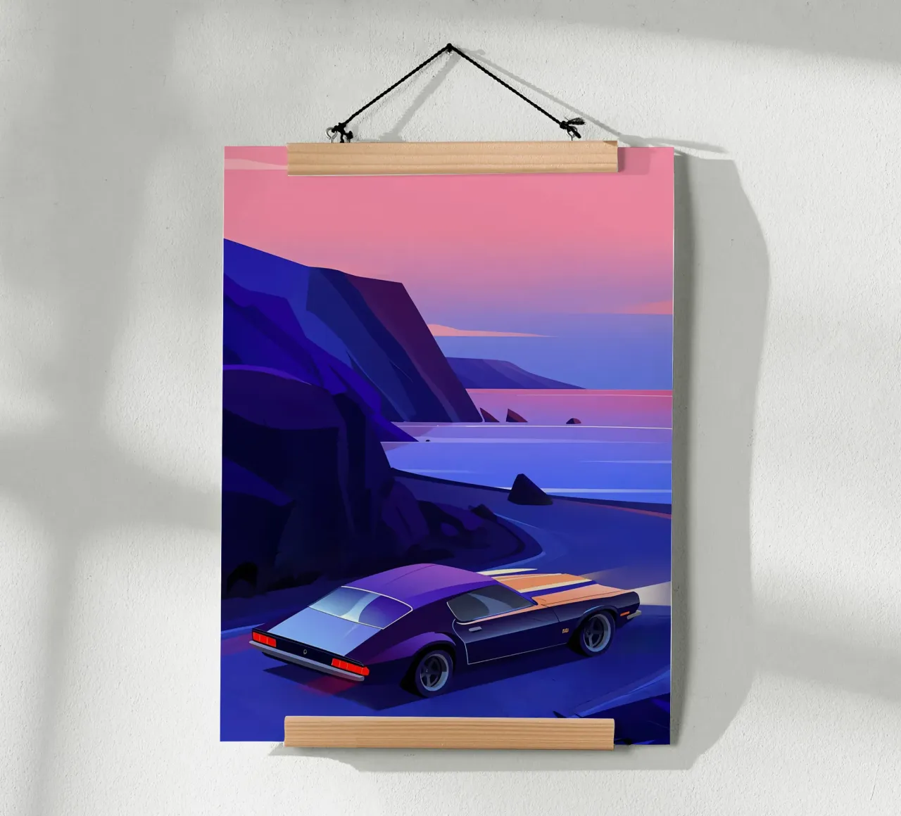 Ein Retro-Auto fährt durch Bergstraßen Lofi Art Poster mit Kunststoffrahmen von LoFi Gallery
