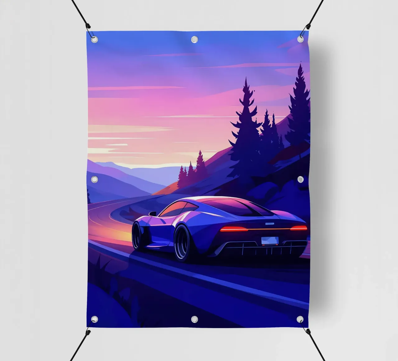 Un'auto moderna che percorre strade di montagna Lofi Art telo in pvc da LoFi Gallery
