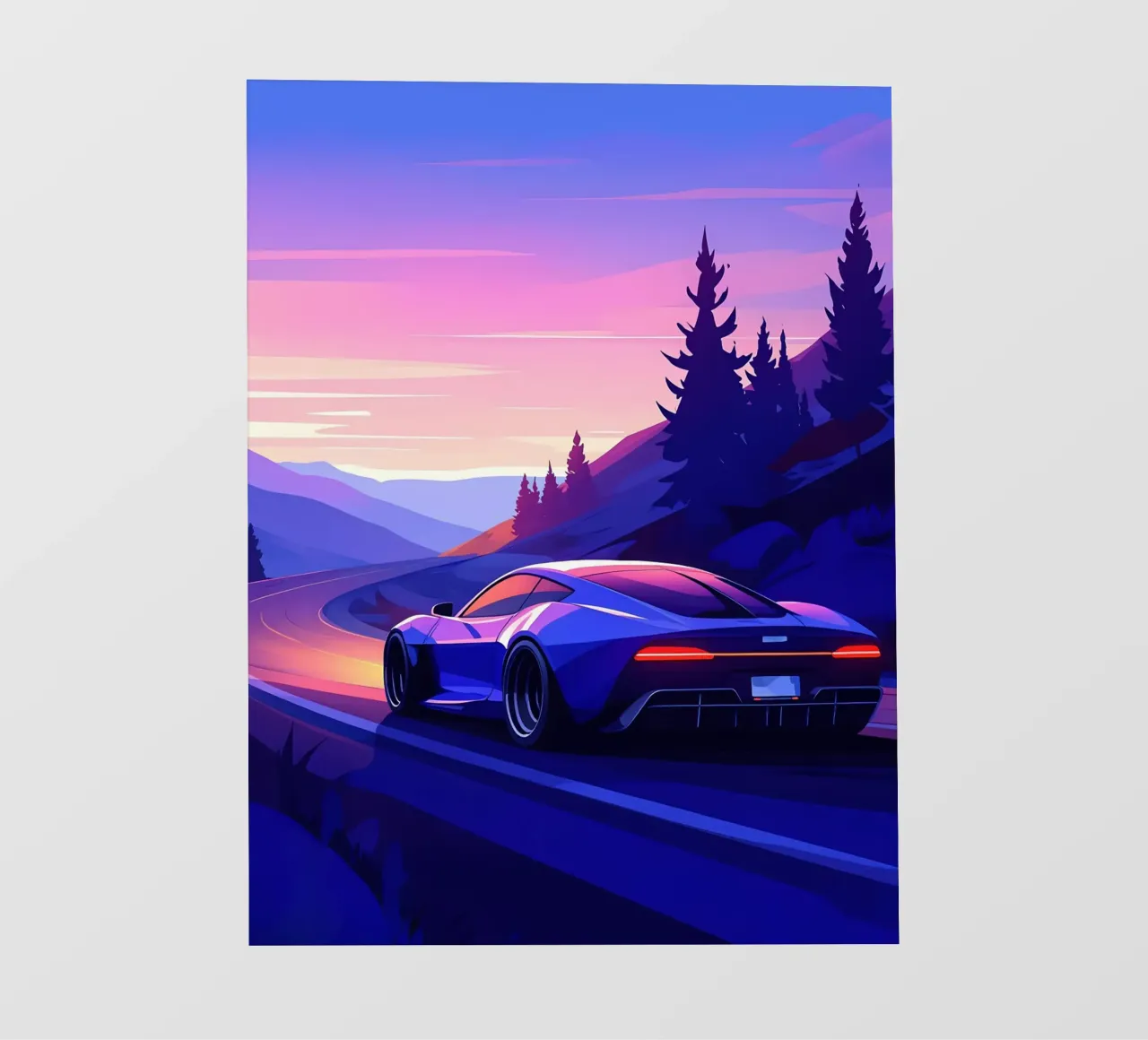 Un'auto moderna che percorre strade di montagna Lofi Art telo in pvc da LoFi Gallery