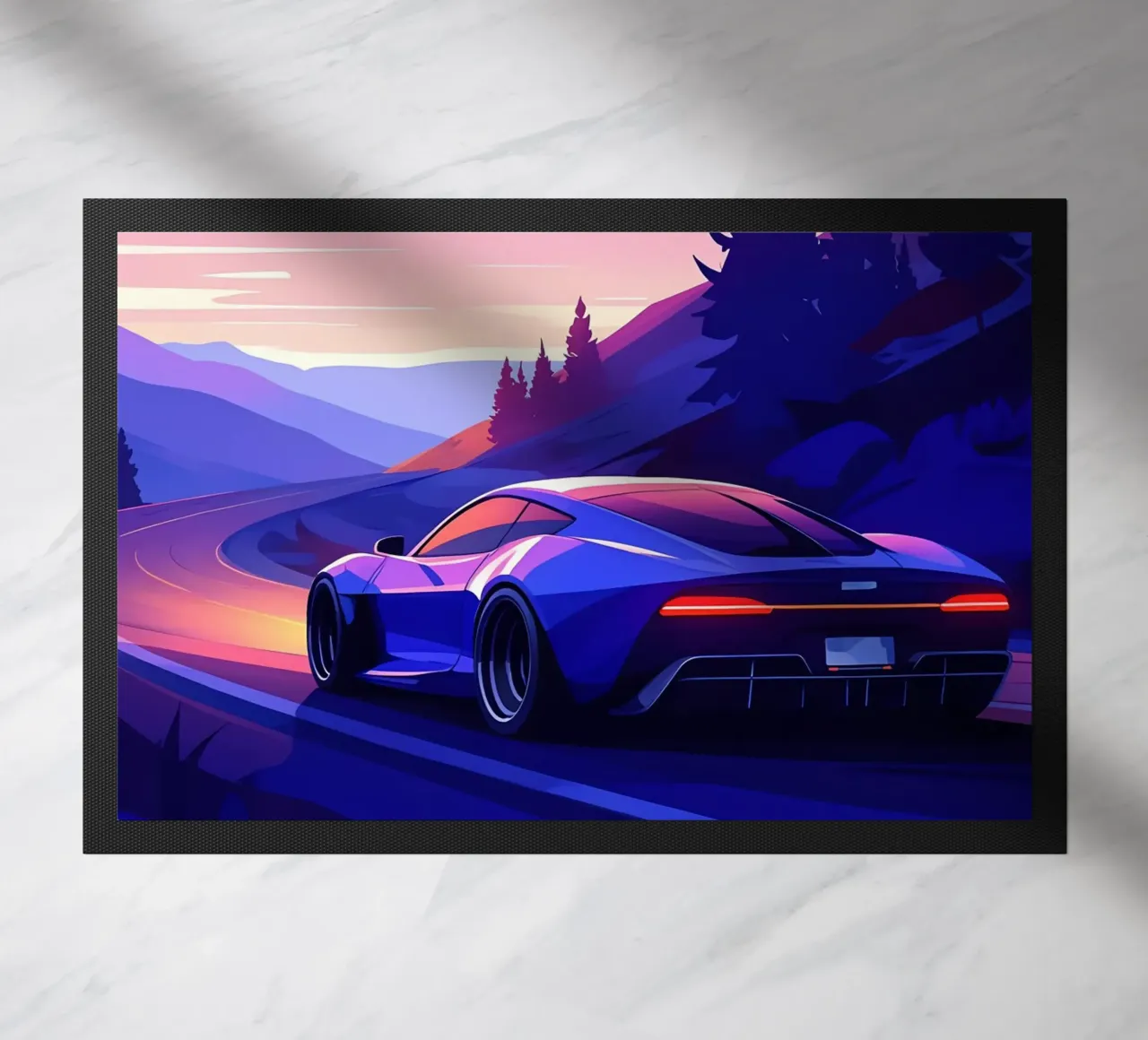 Un'auto moderna che percorre strade di montagna Lofi Art zerbino da LoFi Gallery
