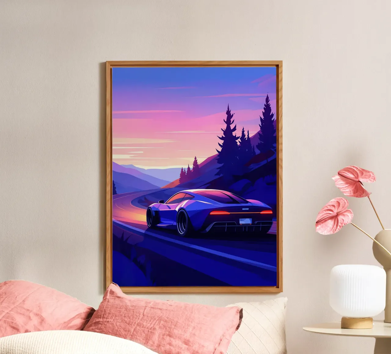 A Modern Car Driving Through Mountain Roads Lofi Art alu-dibond by LoFi Gallery