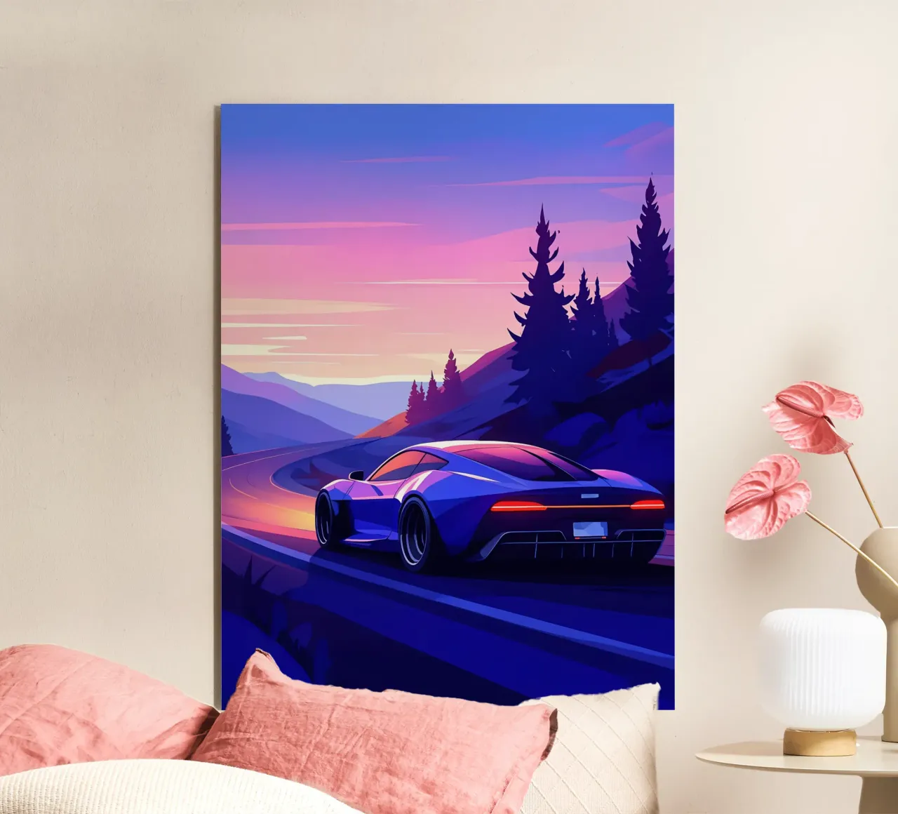 A Modern Car Driving Through Mountain Roads Lofi Art alu-dibond by LoFi Gallery