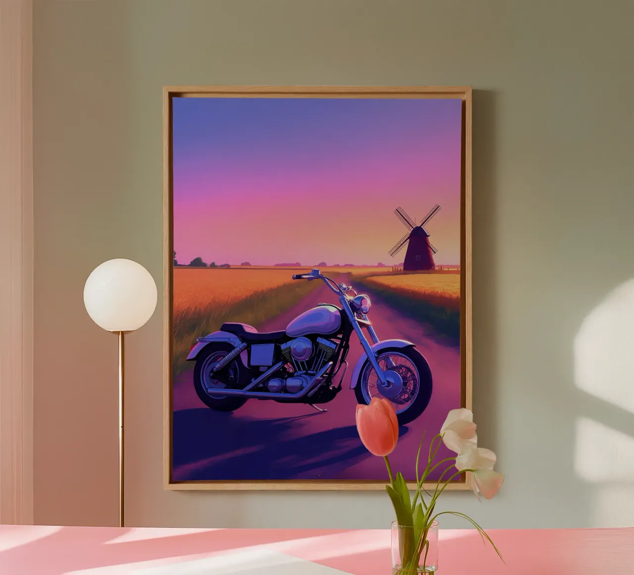 A Motorcycle Near A windmill Lofi Art canvas with Floater frame by LoFi Gallery