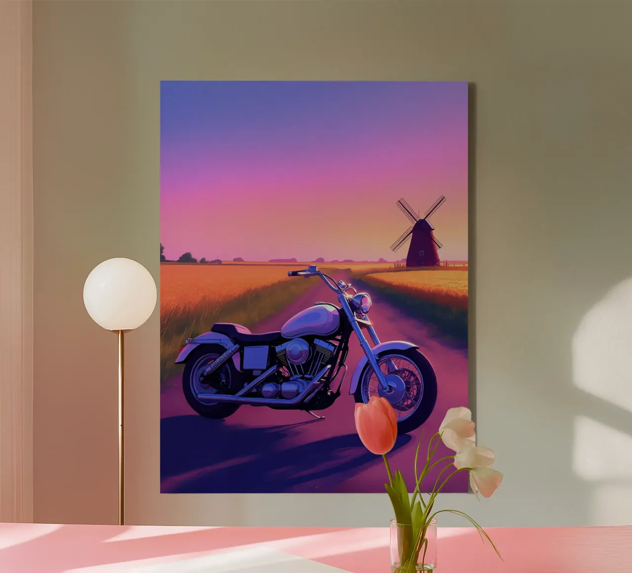 A Motorcycle Near A windmill Lofi Art canvas with Floater frame by LoFi Gallery