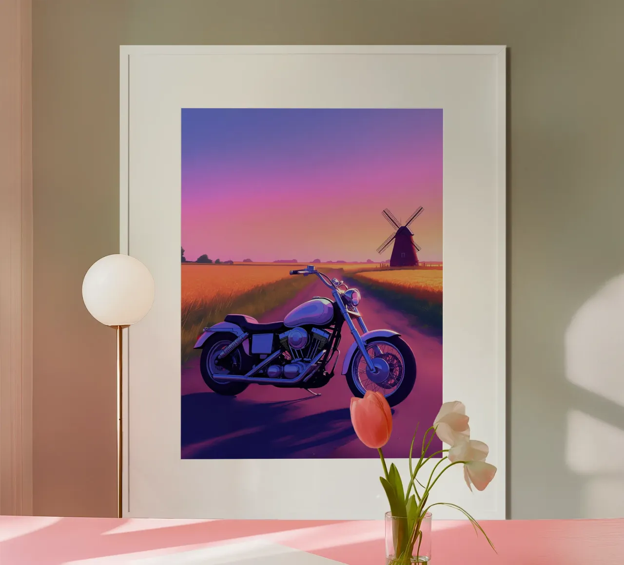 Una moto vicino a un mulino a vento Lofi Art poster con telaio in plastica da LoFi Gallery