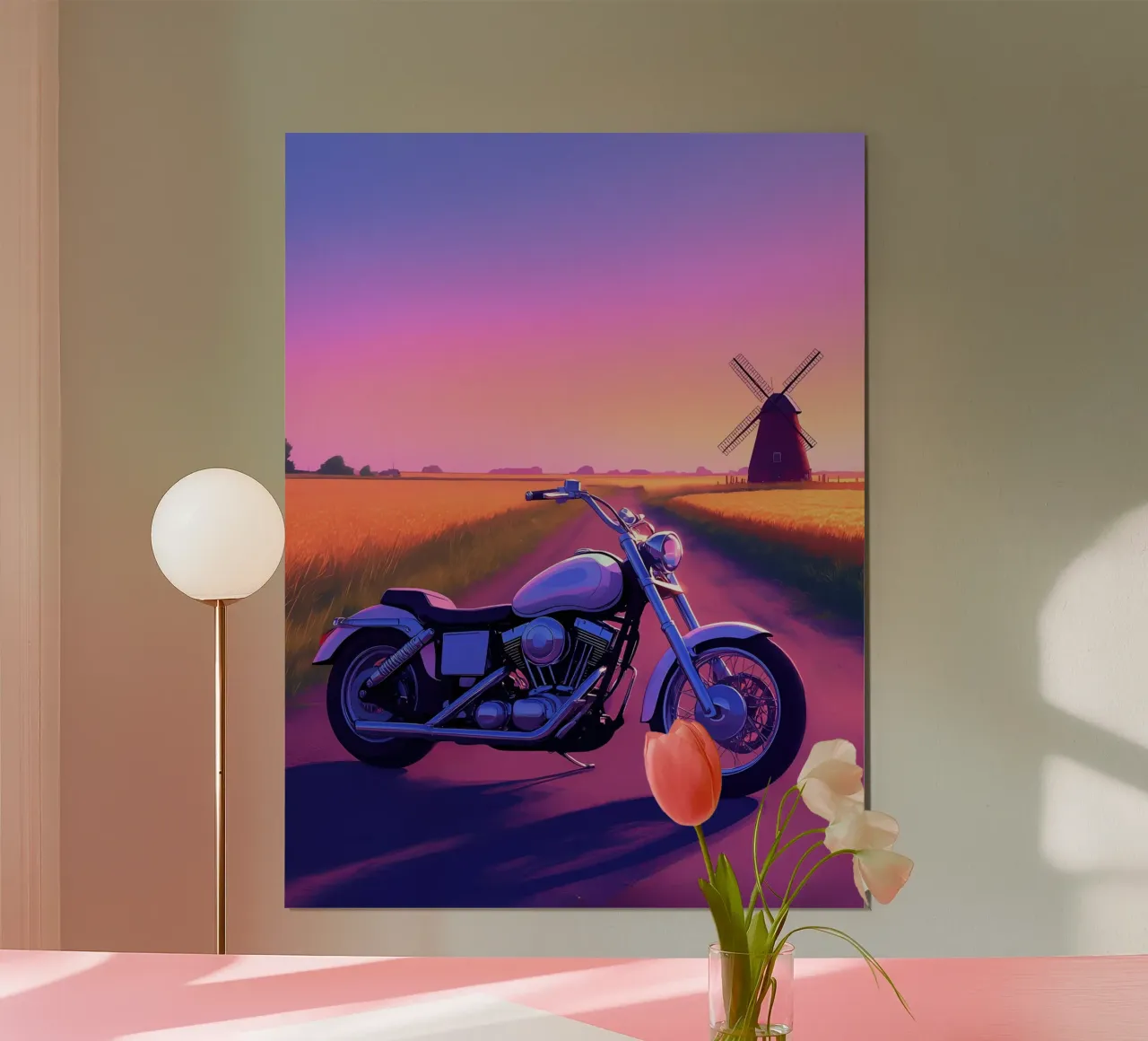 Una moto vicino a un mulino a vento Lofi Art poster con telaio in plastica da LoFi Gallery