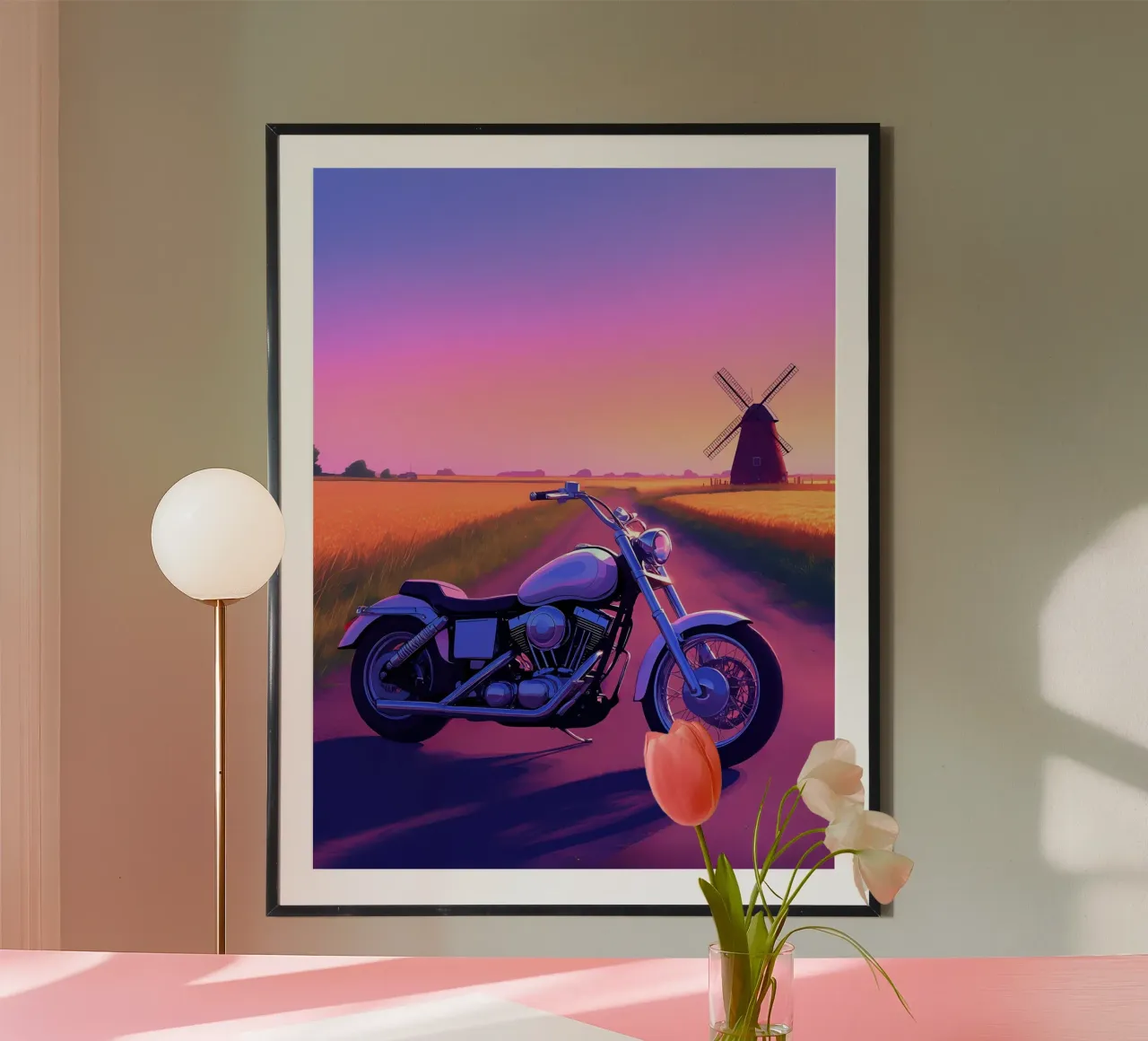 Una moto vicino a un mulino a vento Lofi Art poster con telaio in plastica da LoFi Gallery