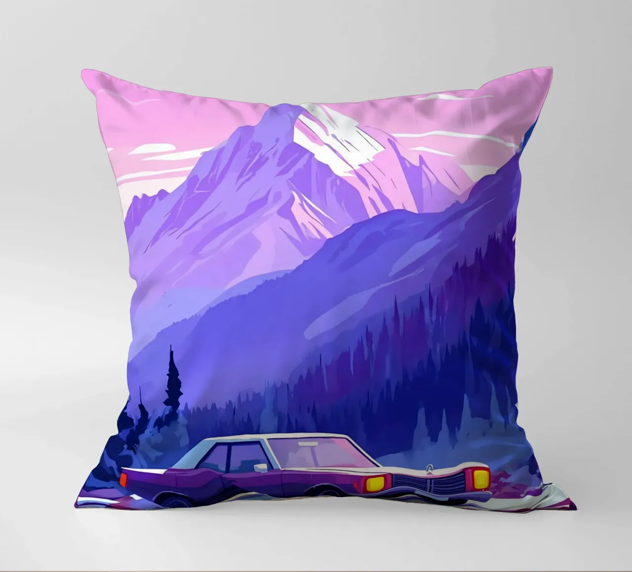 Un'auto retrò in montagna Spot Lofi Art cuscino da LoFi Gallery
