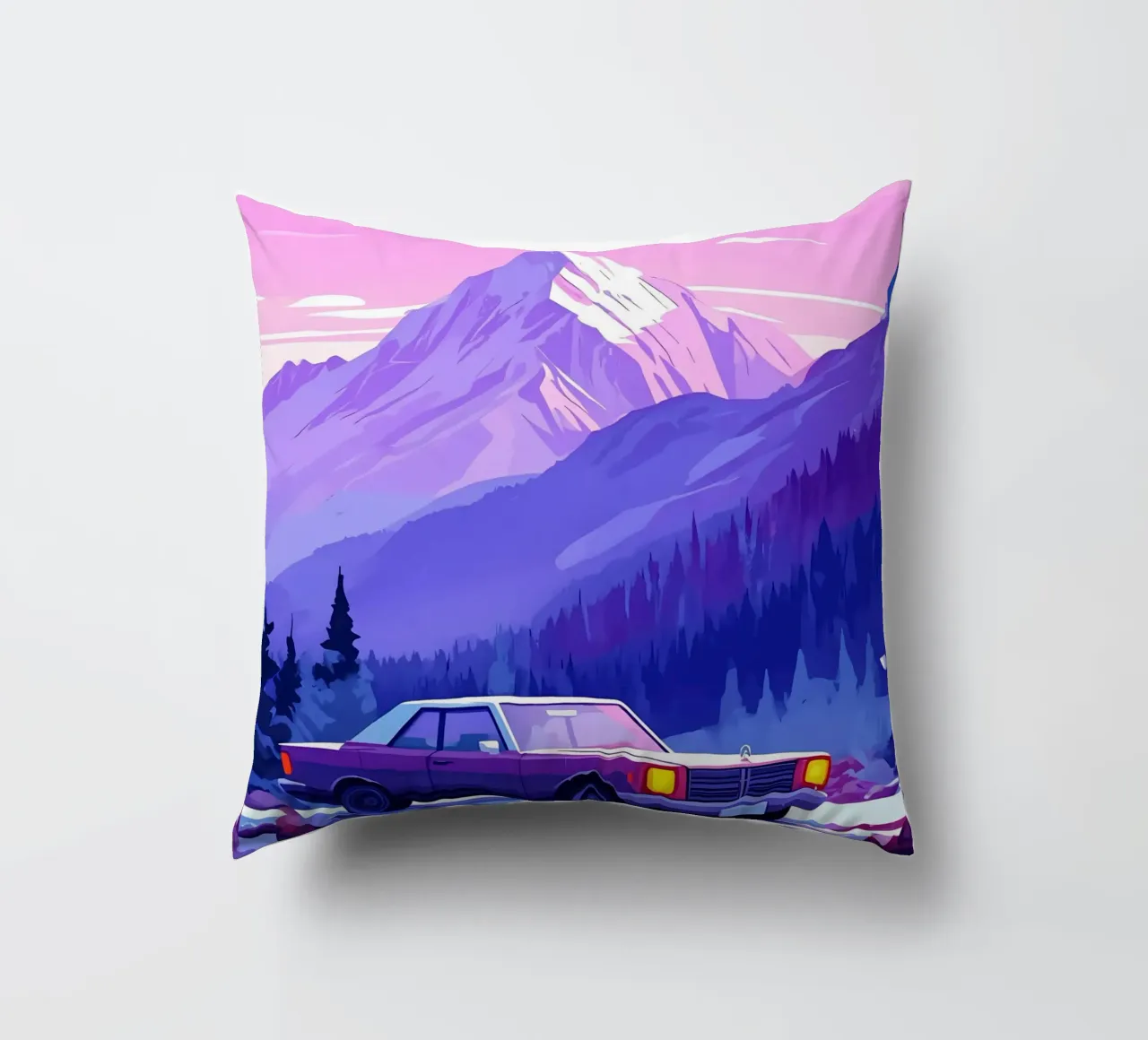 Un'auto retrò in montagna Spot Lofi Art cuscino da LoFi Gallery
