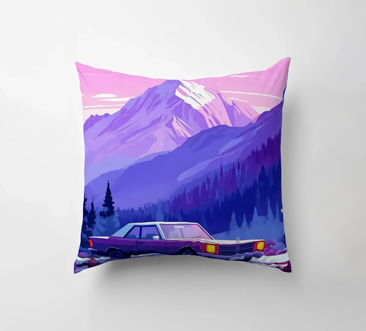 Un'auto retrò in montagna Spot Lofi Art cuscino da LoFi Gallery