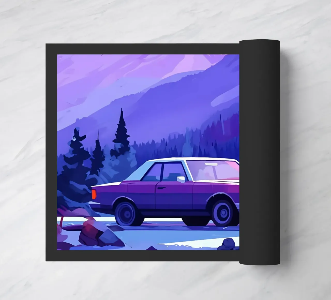 Un'auto retrò in montagna Spot Lofi Art zerbino da LoFi Gallery