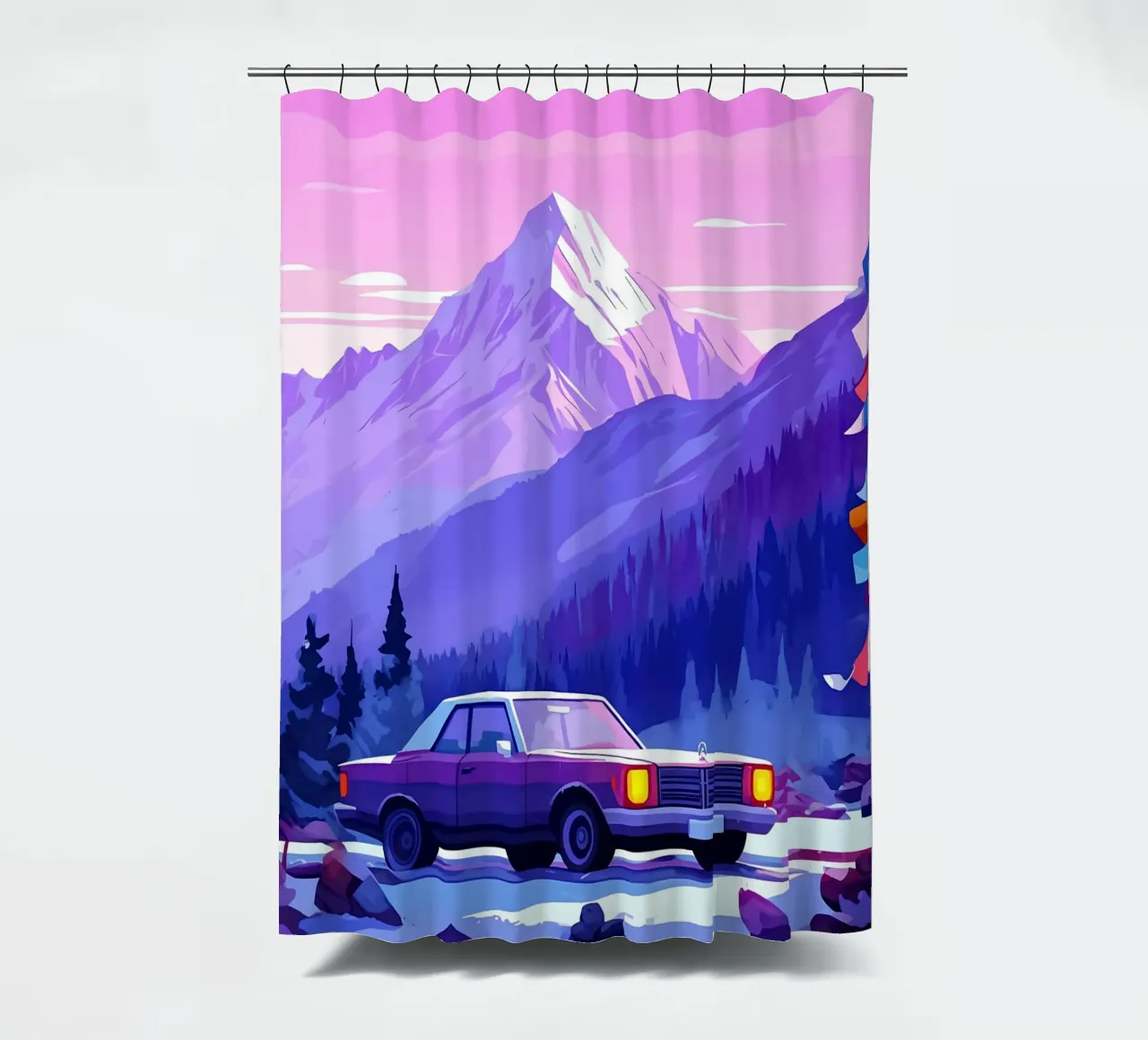 Un'auto retrò in montagna Spot Lofi Art tenda da doccia da LoFi Gallery