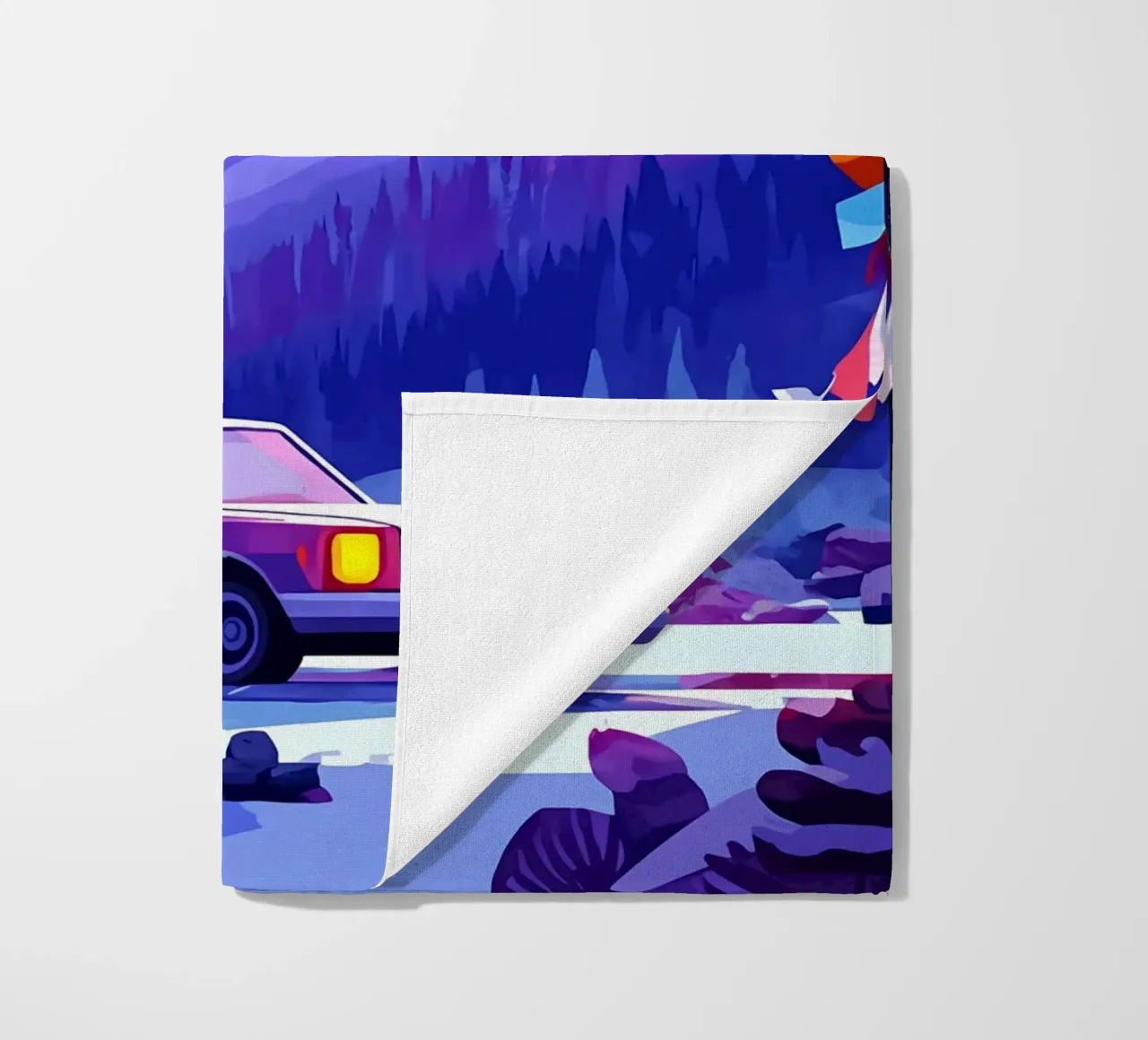 Un'auto retrò in montagna Spot Lofi Art telo mare da LoFi Gallery
