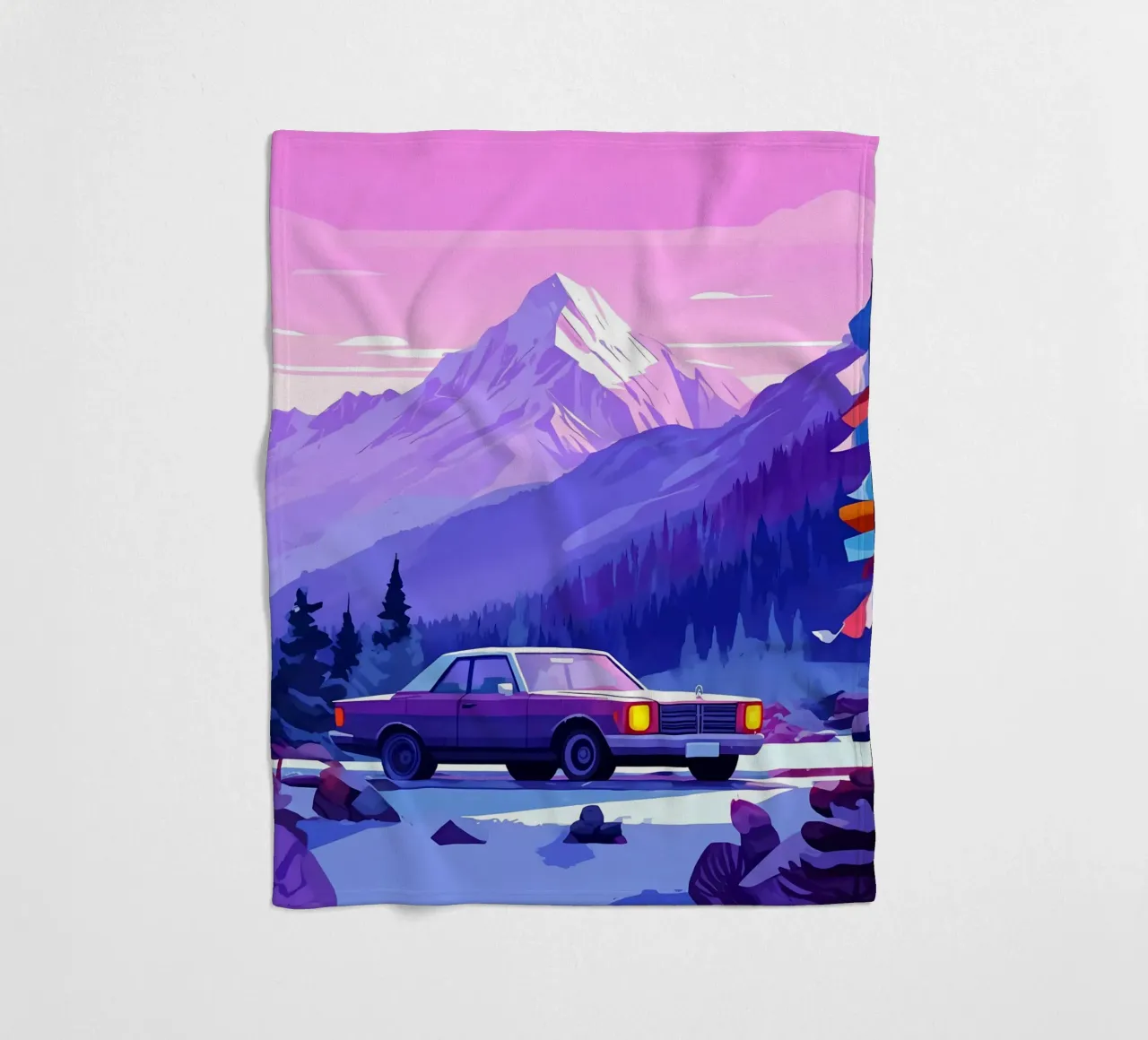 Un'auto retrò in montagna Spot Lofi Art coperta in pile da LoFi Gallery