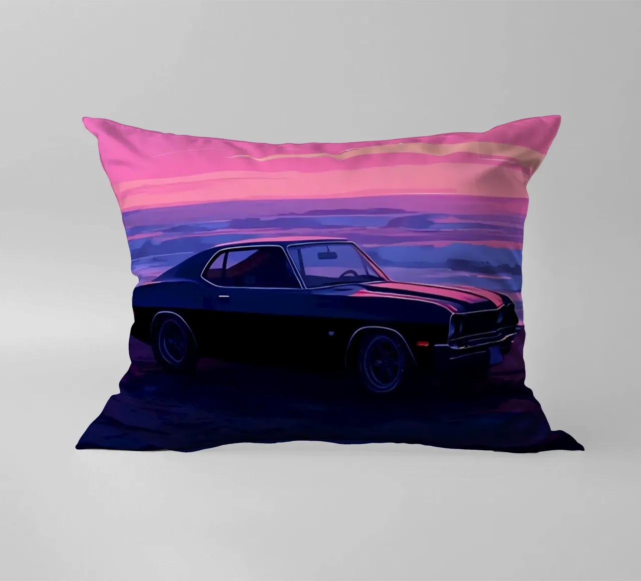 Un'auto retrò sulla spiaggia di sera Lofi Art cuscino da LoFi Gallery
