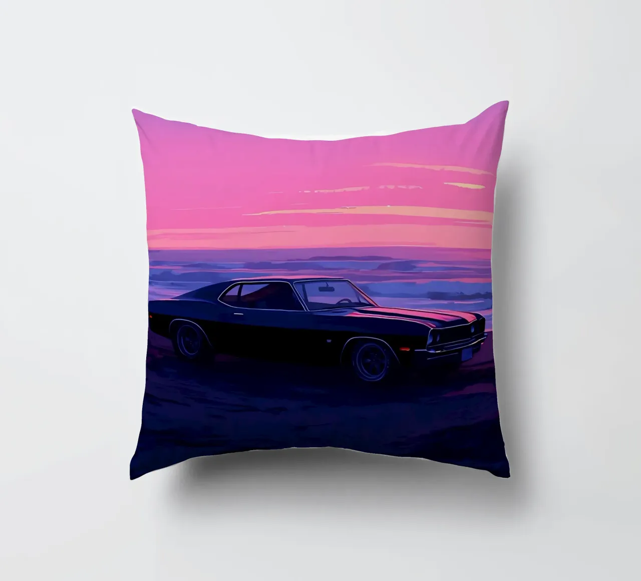 Un'auto retrò sulla spiaggia di sera Lofi Art cuscino da LoFi Gallery