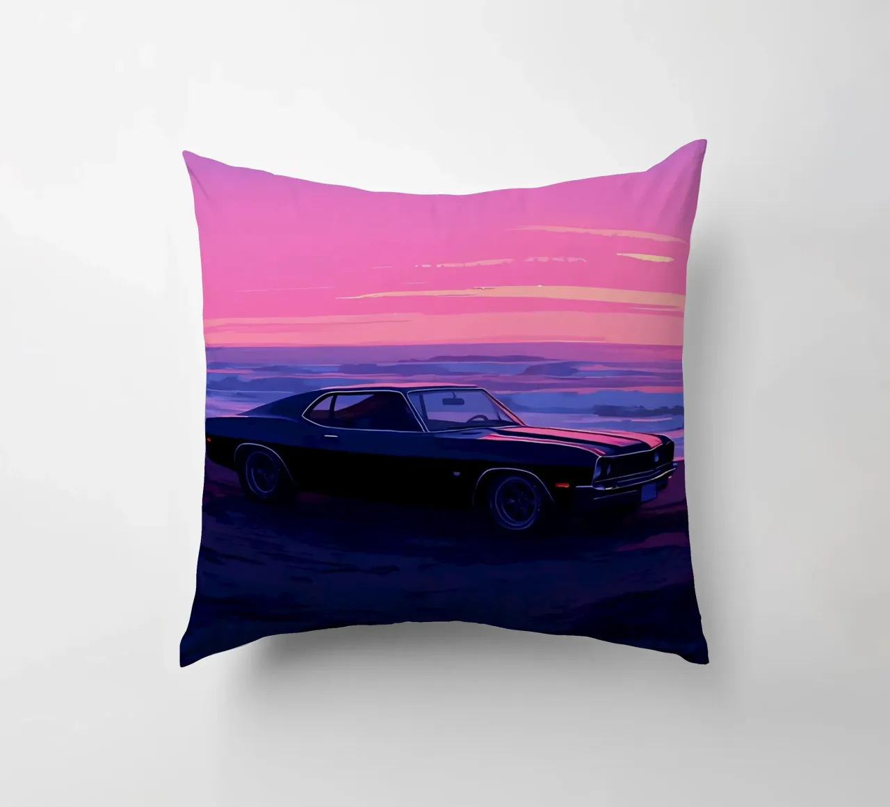 Un'auto retrò sulla spiaggia di sera Lofi Art cuscino da LoFi Gallery