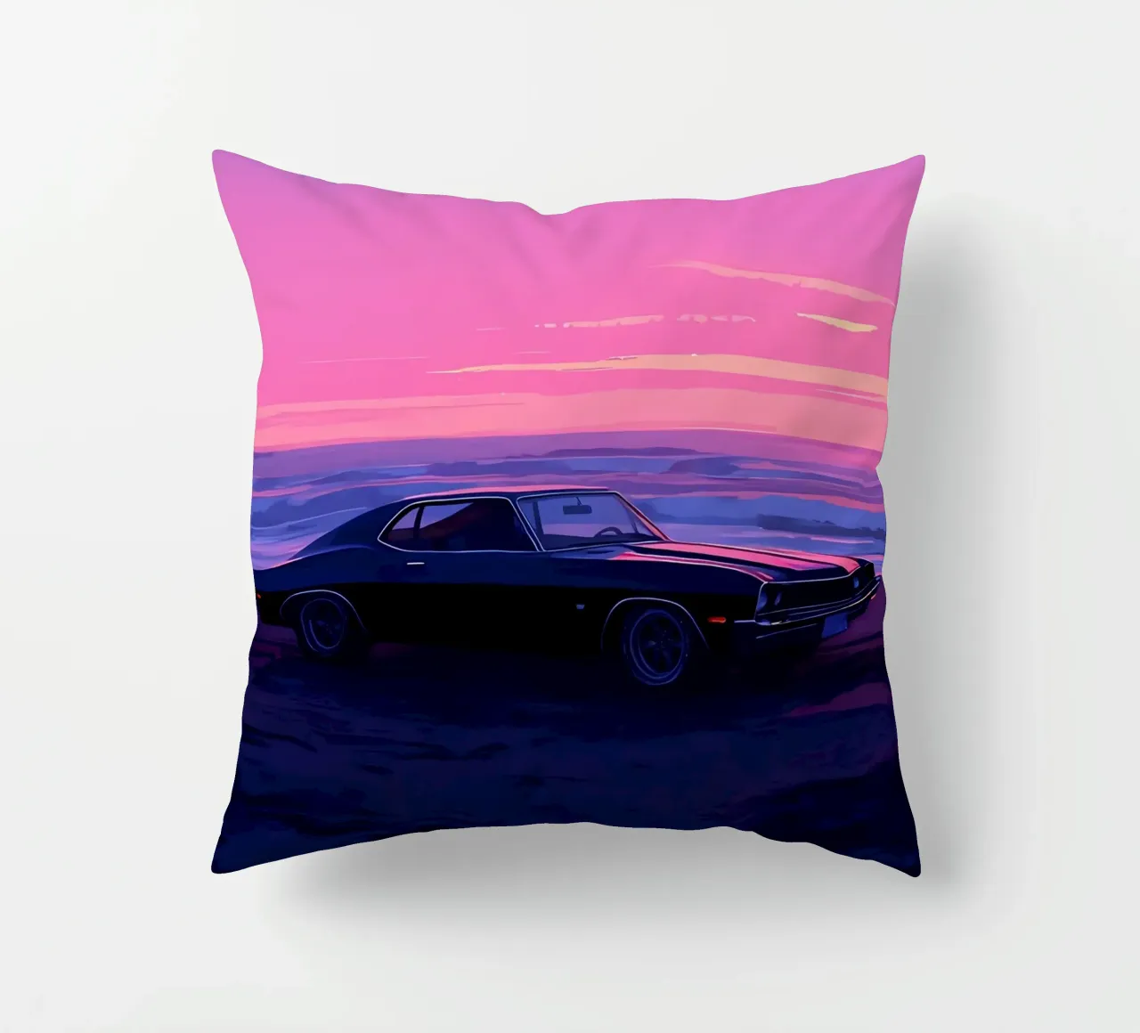 Un'auto retrò sulla spiaggia di sera Lofi Art cuscino da LoFi Gallery