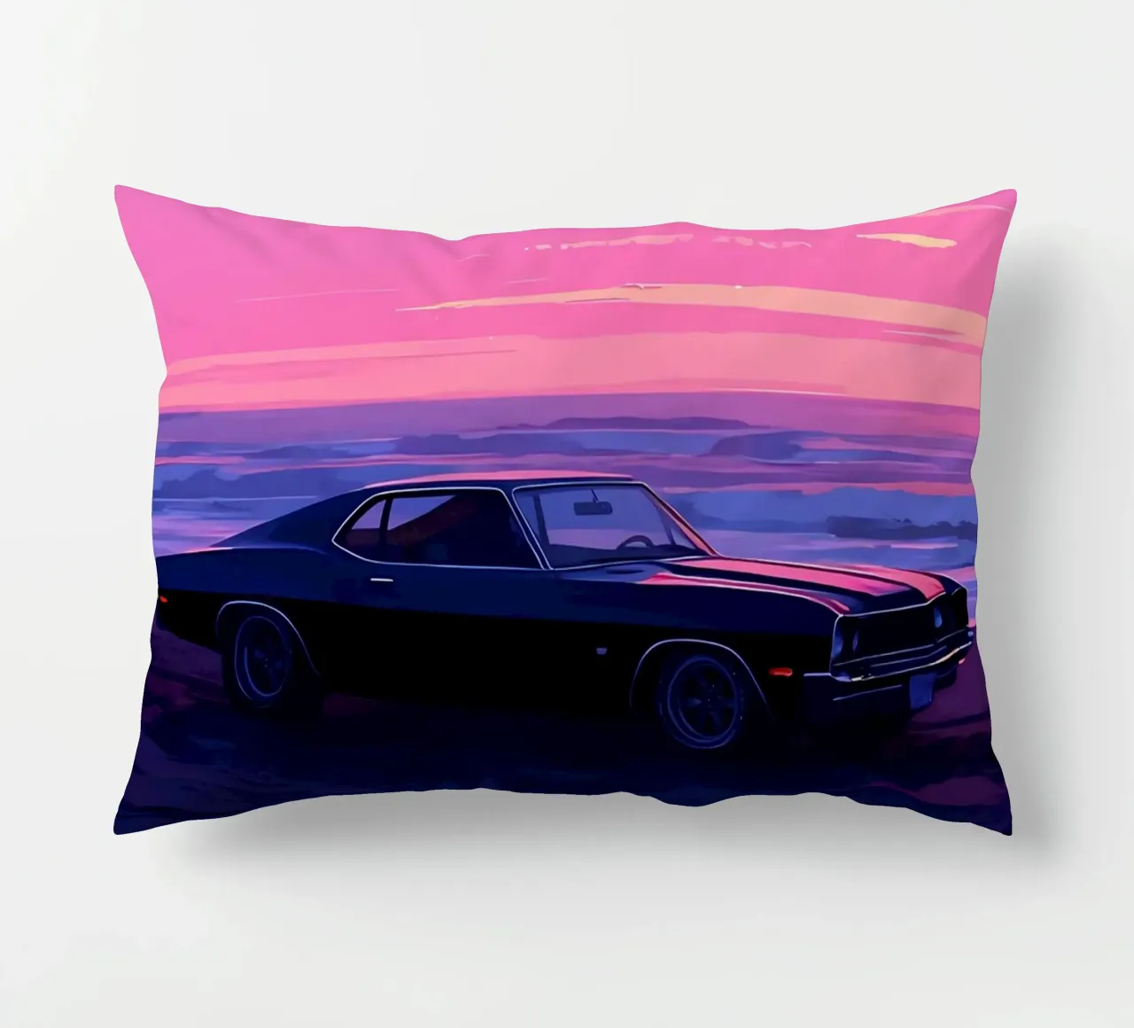 Un'auto retrò sulla spiaggia di sera Lofi Art cuscino da LoFi Gallery