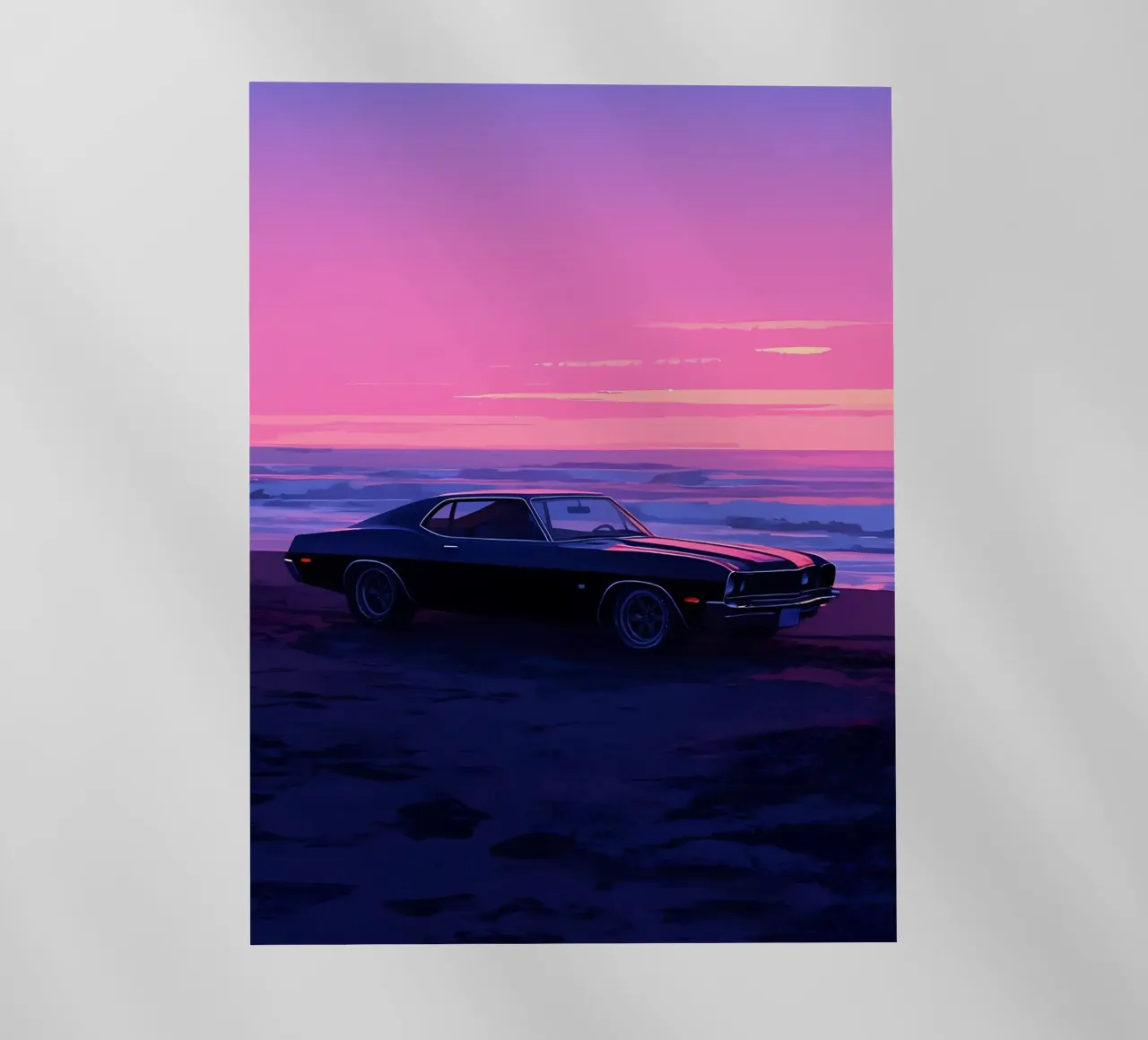 Un'auto retrò sulla spiaggia di sera Lofi Art pellicola backlit da LoFi Gallery